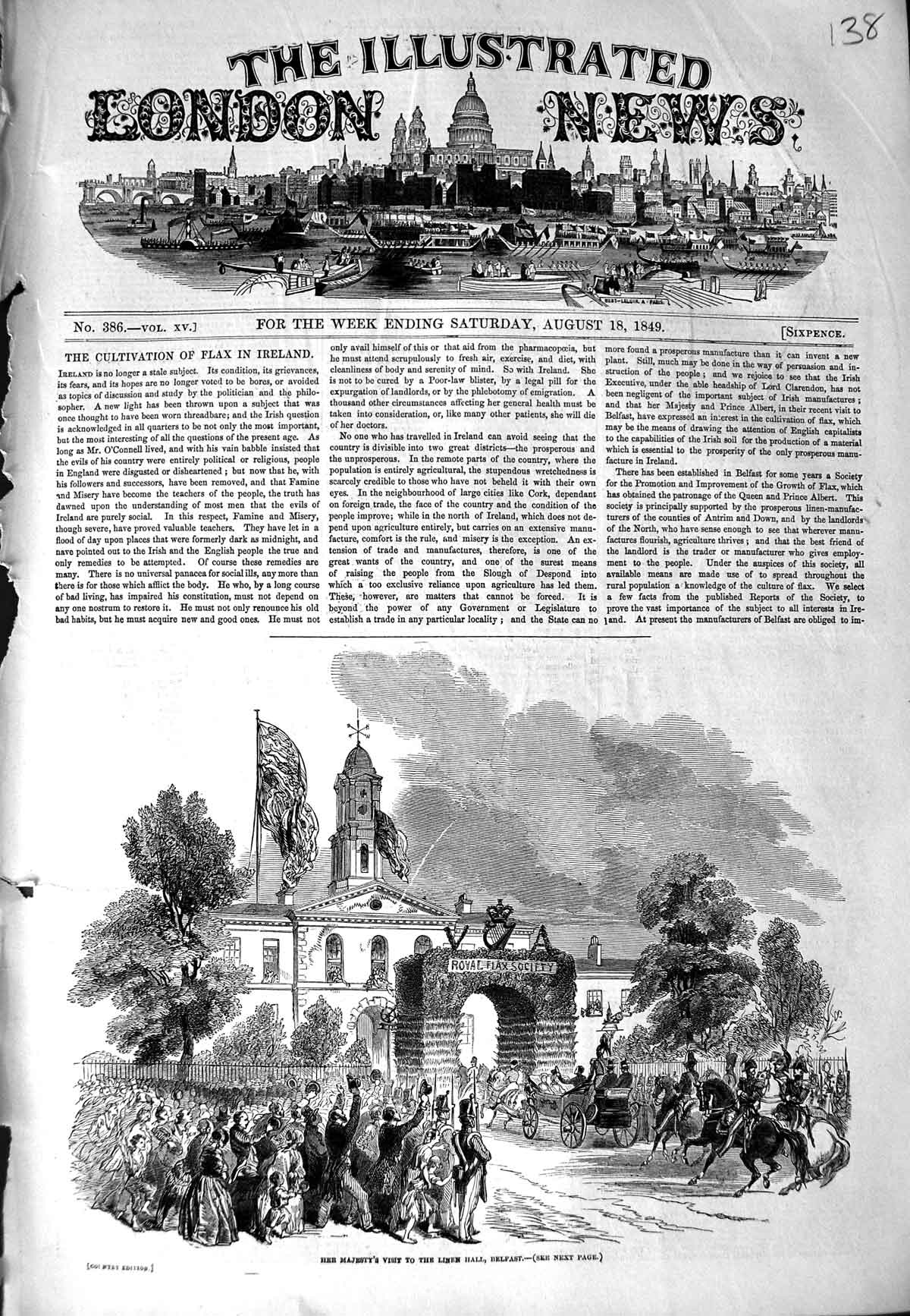 Original Old Antique Print 1849 Queen England Linen Hall Belfast Ireland Horses