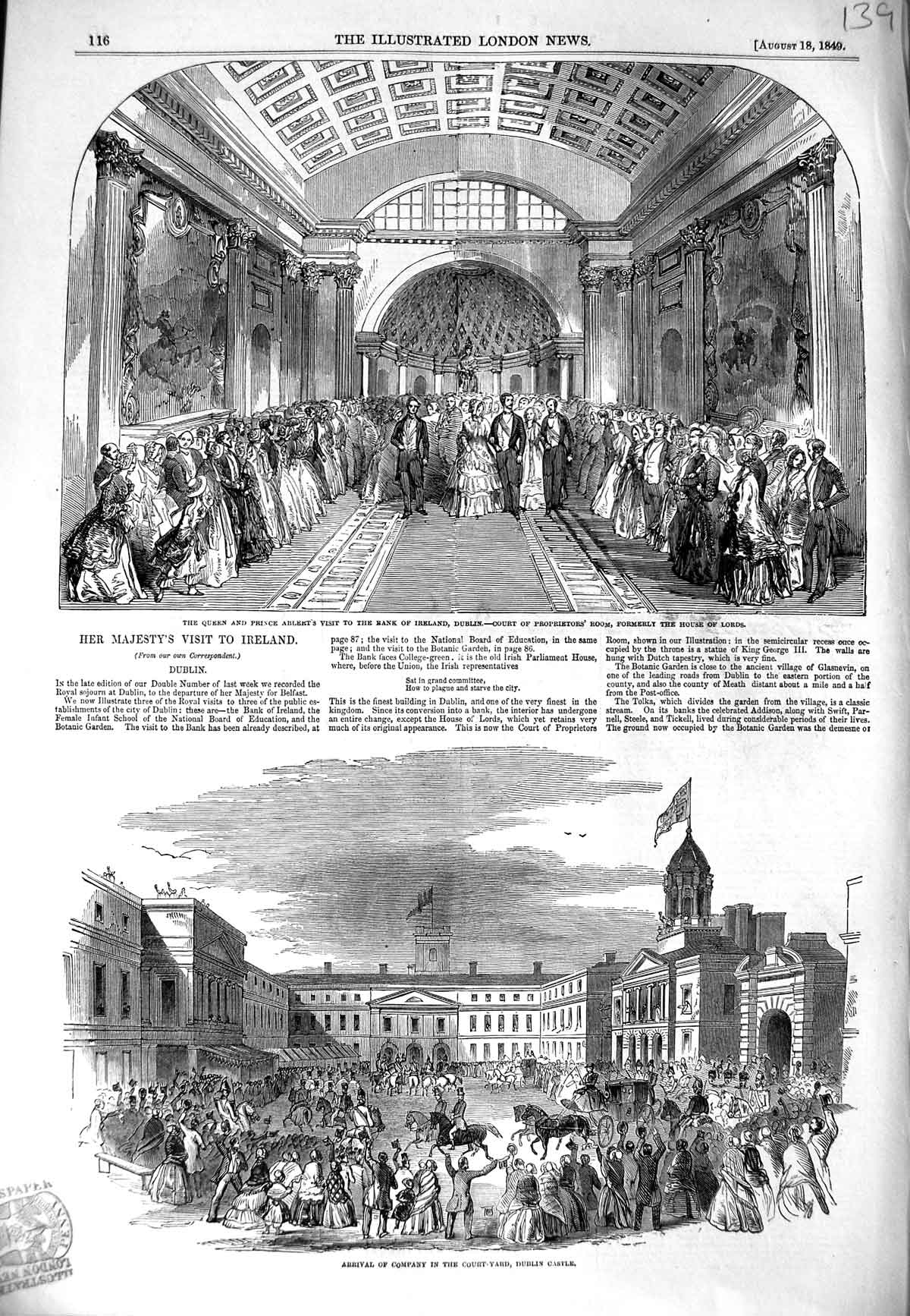 Original Old Antique Print 1849 Queen Prince Albert Bank Ireland Dublin Castle