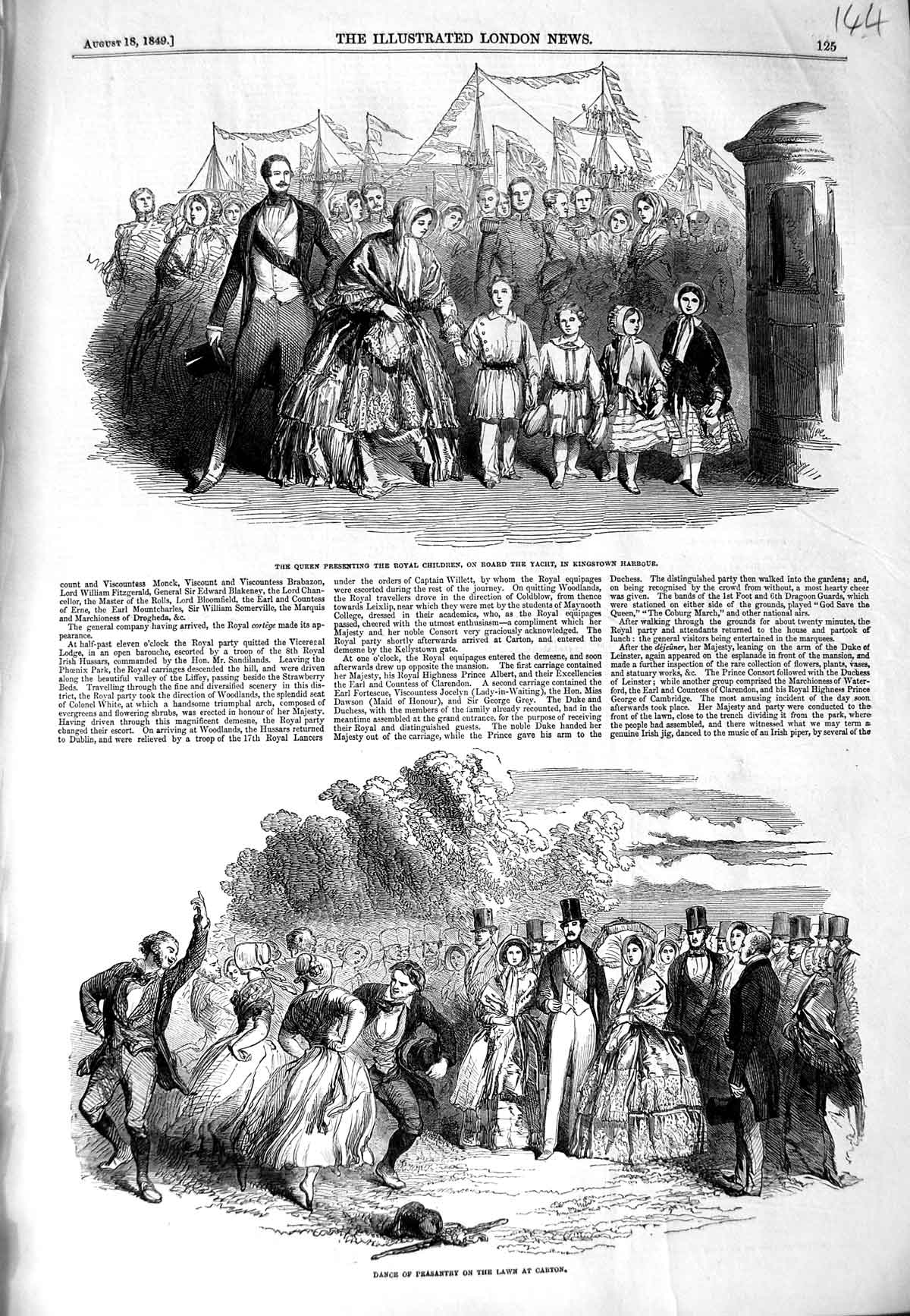 Original Old Antique Print 1849 Queen Royal Children Yacht Kingstown Harbour