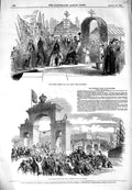 Original Old Antique Print 1849 Queen Fairy Yacht Glasgow Royal Triumphal Arch