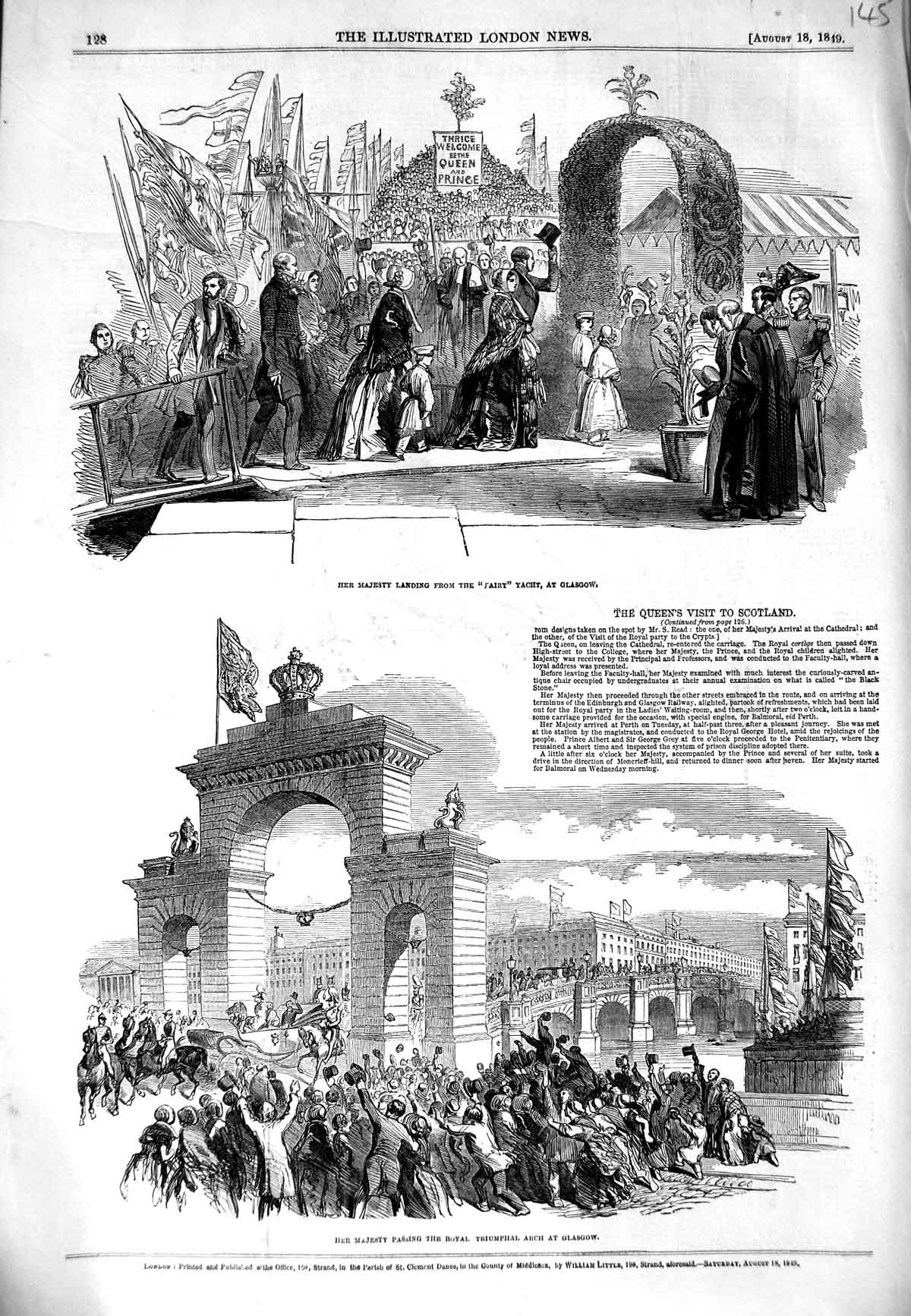 Original Old Antique Print 1849 Queen Fairy Yacht Glasgow Royal Triumphal Arch