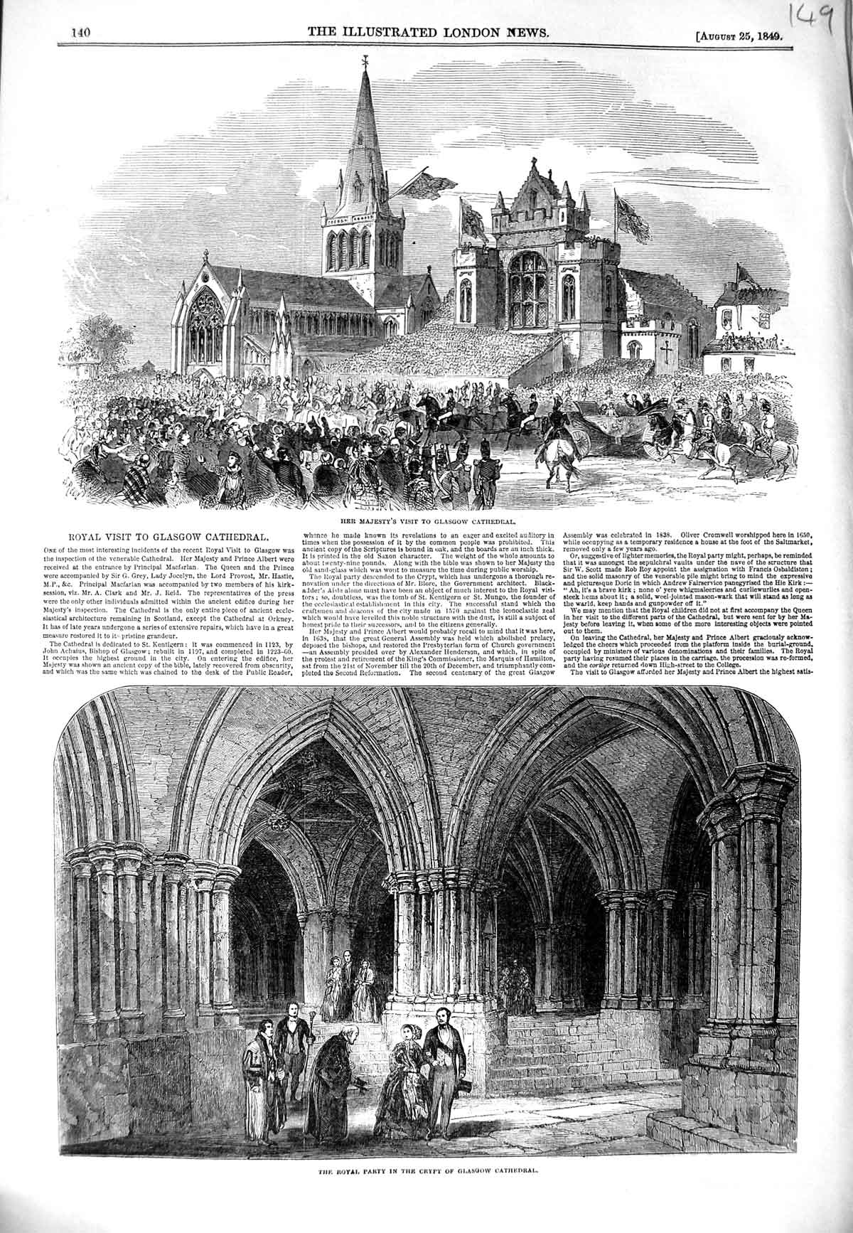 Old Antique Print 1849 Queen Glasgow Cathedral Royal Party Crypt Scotland 19th