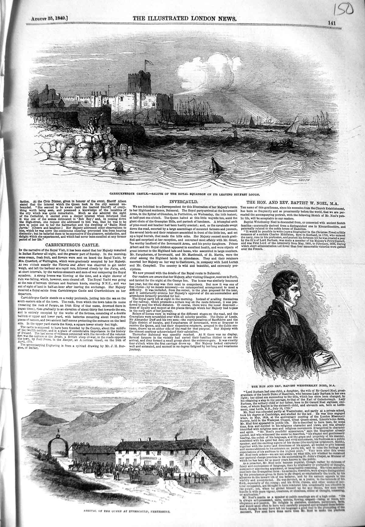 Original Old Antique Print 1849 Carrickfergus Castle Belfast Queen Invercauld