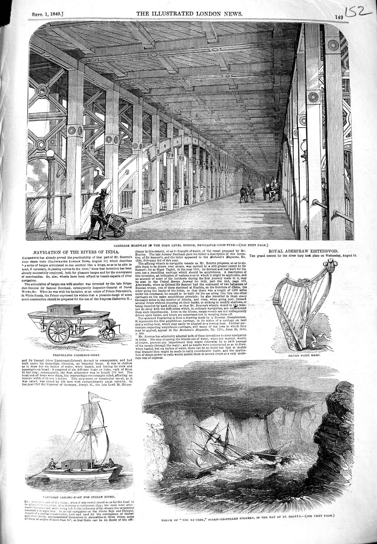 Old Antique Print 1849 High Bridge Newcastle-Upon-Tyne Kestrel Ship Shott 19th