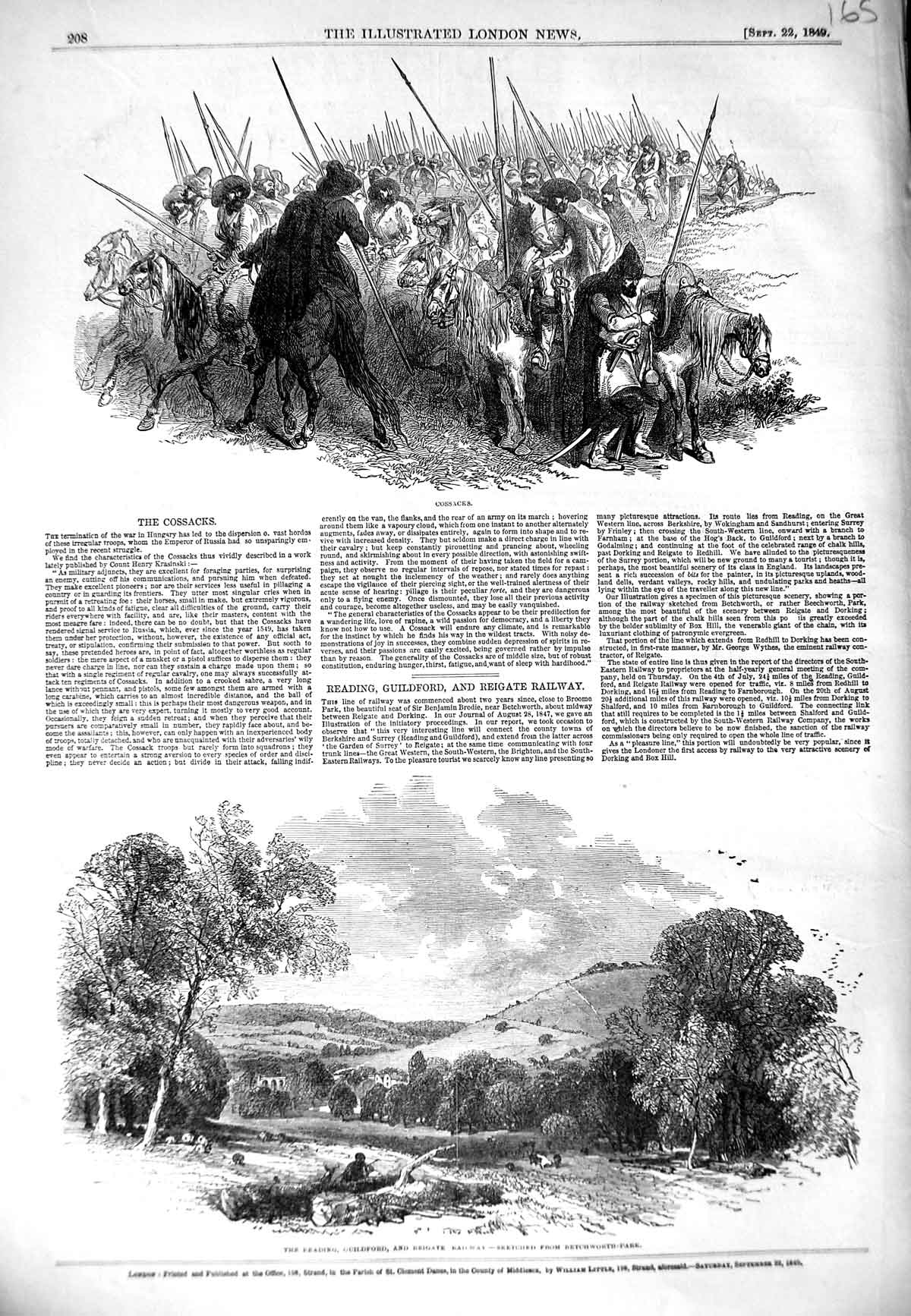 Original Old Antique Print 1849 Cossacks Reading Guildford Reigate Railway 19th
