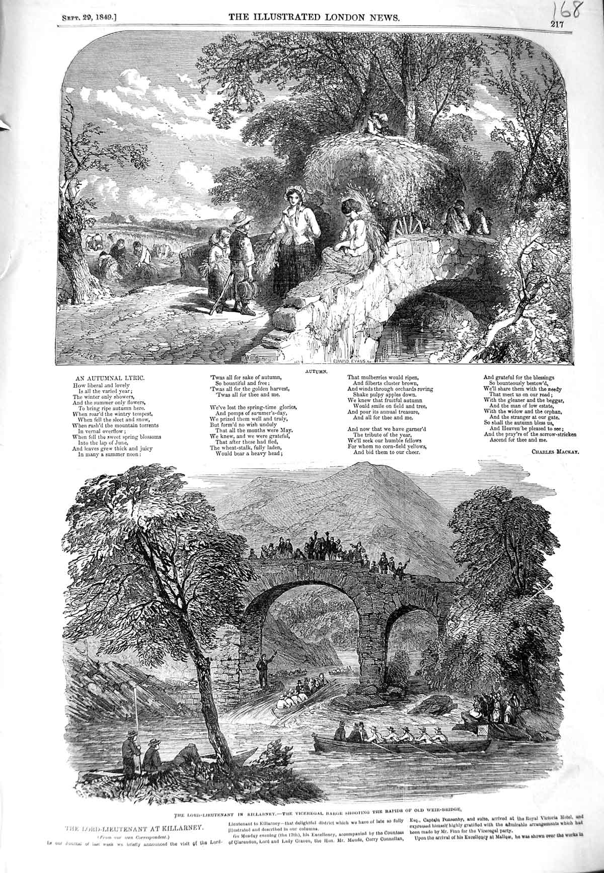 Original Old Antique Print 1849 Lord-Lieutenant Killarney Ireland Weir-Bridge
