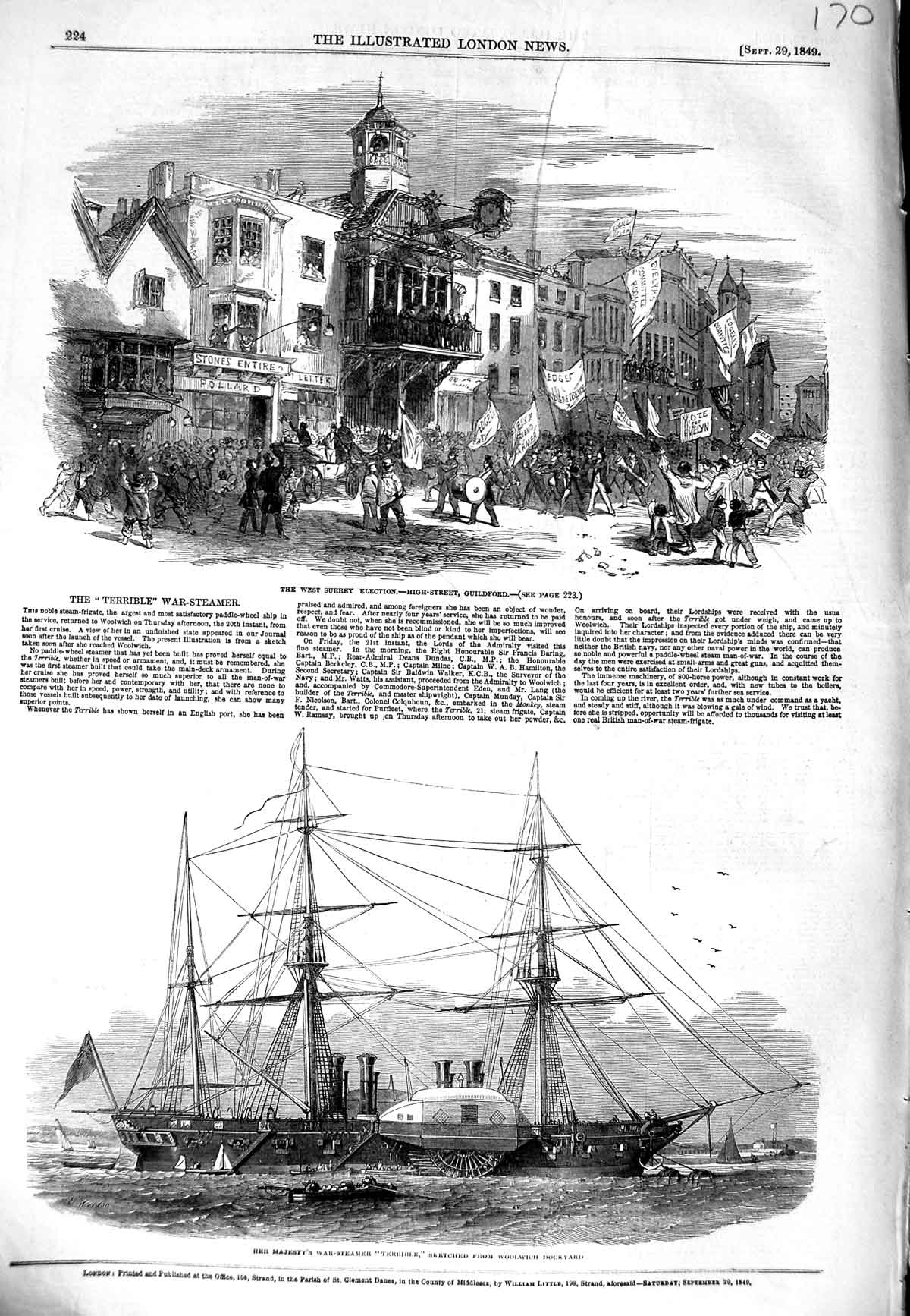 Old Antique Print 1849 Surrey Elections Guildford Ship Terrible Woolwich 19th