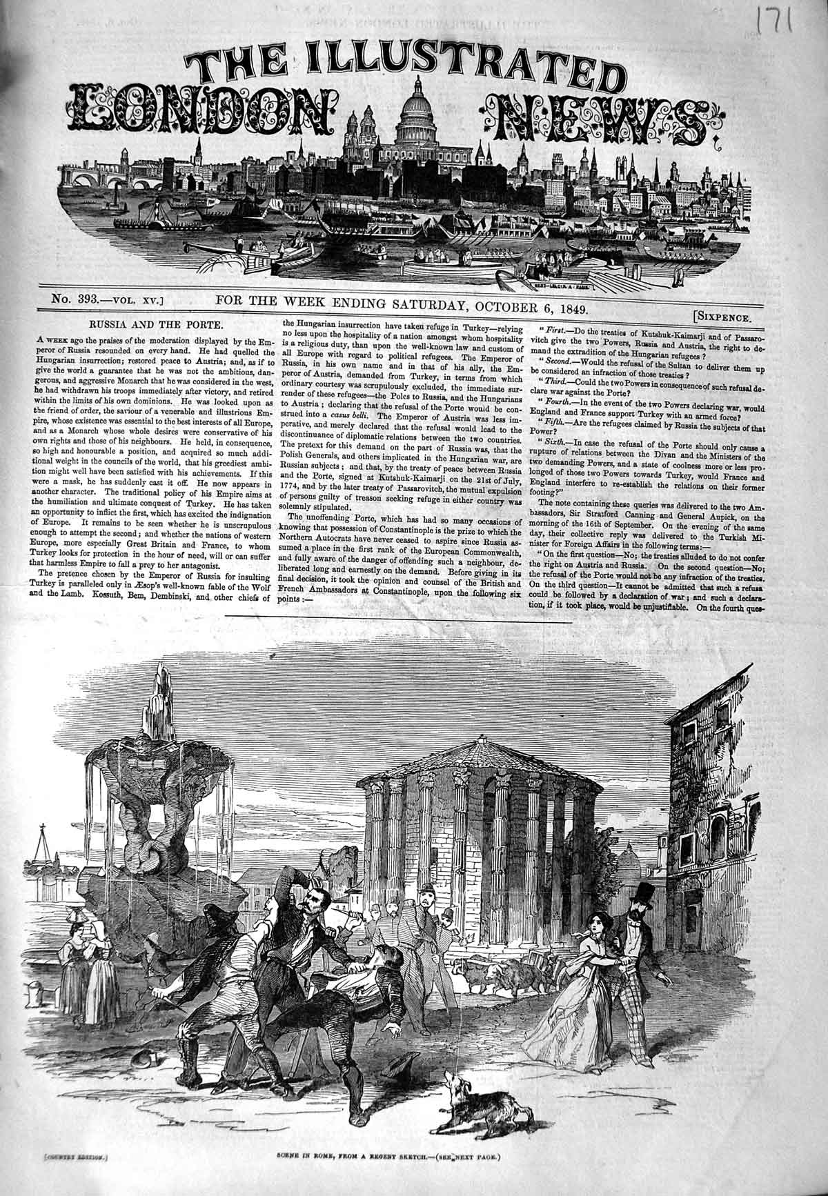 Original Old Antique Print 1849 Street Scene Rome Men Fighting Italy Murder