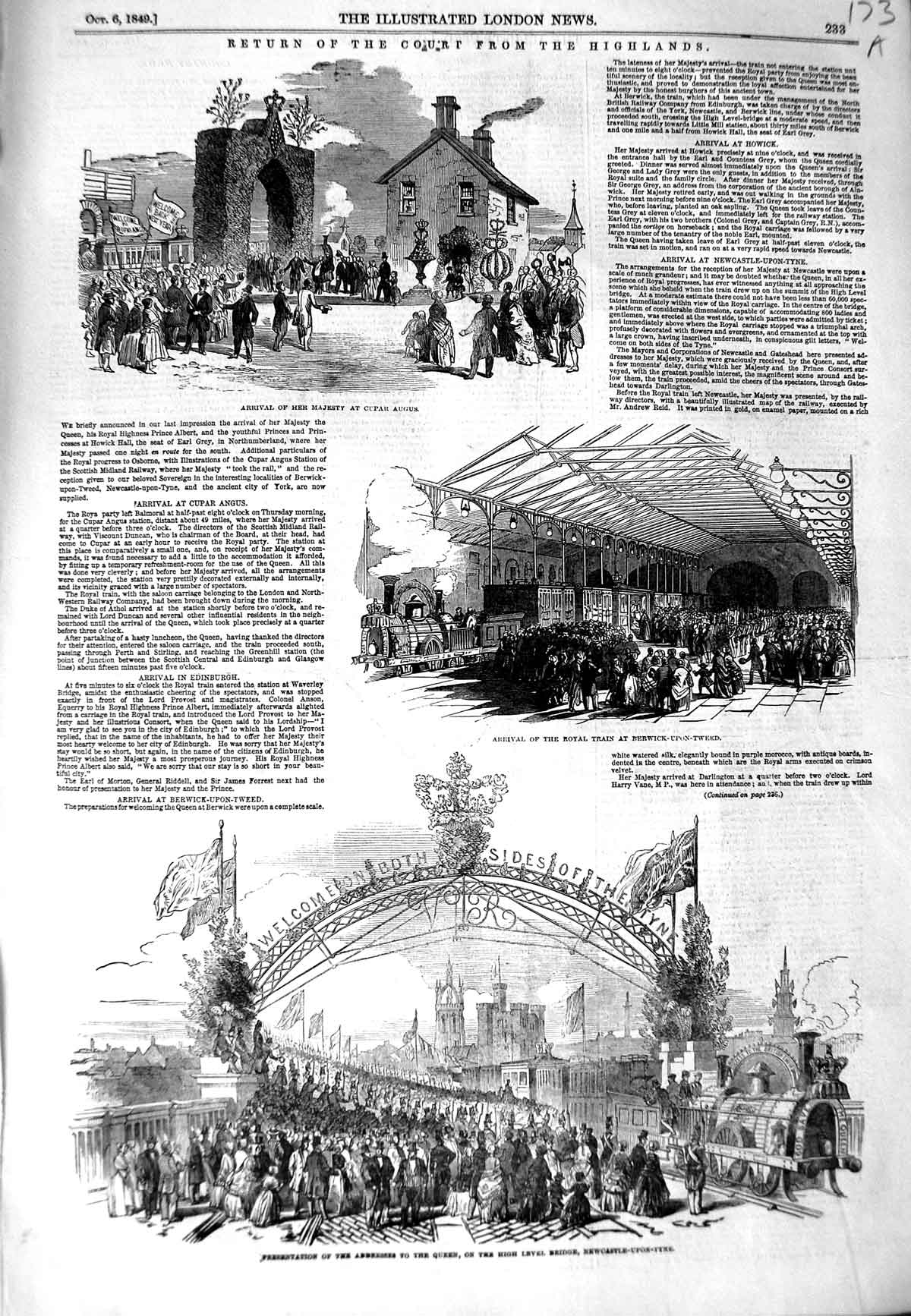 Old Antique Print 1849 Queen Bridge Newcastle-Upon-Tyne York Cupar Angus 19th