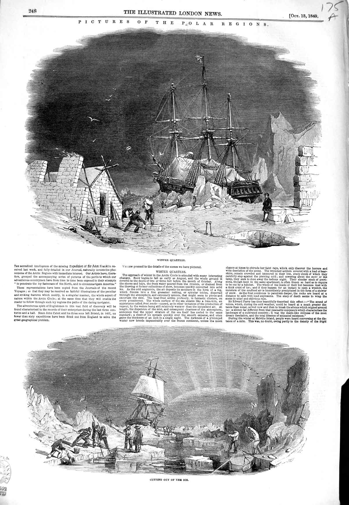 Original Old Antique Print 1849 Polar Regions Ships Ice Aurora Borealis Whale