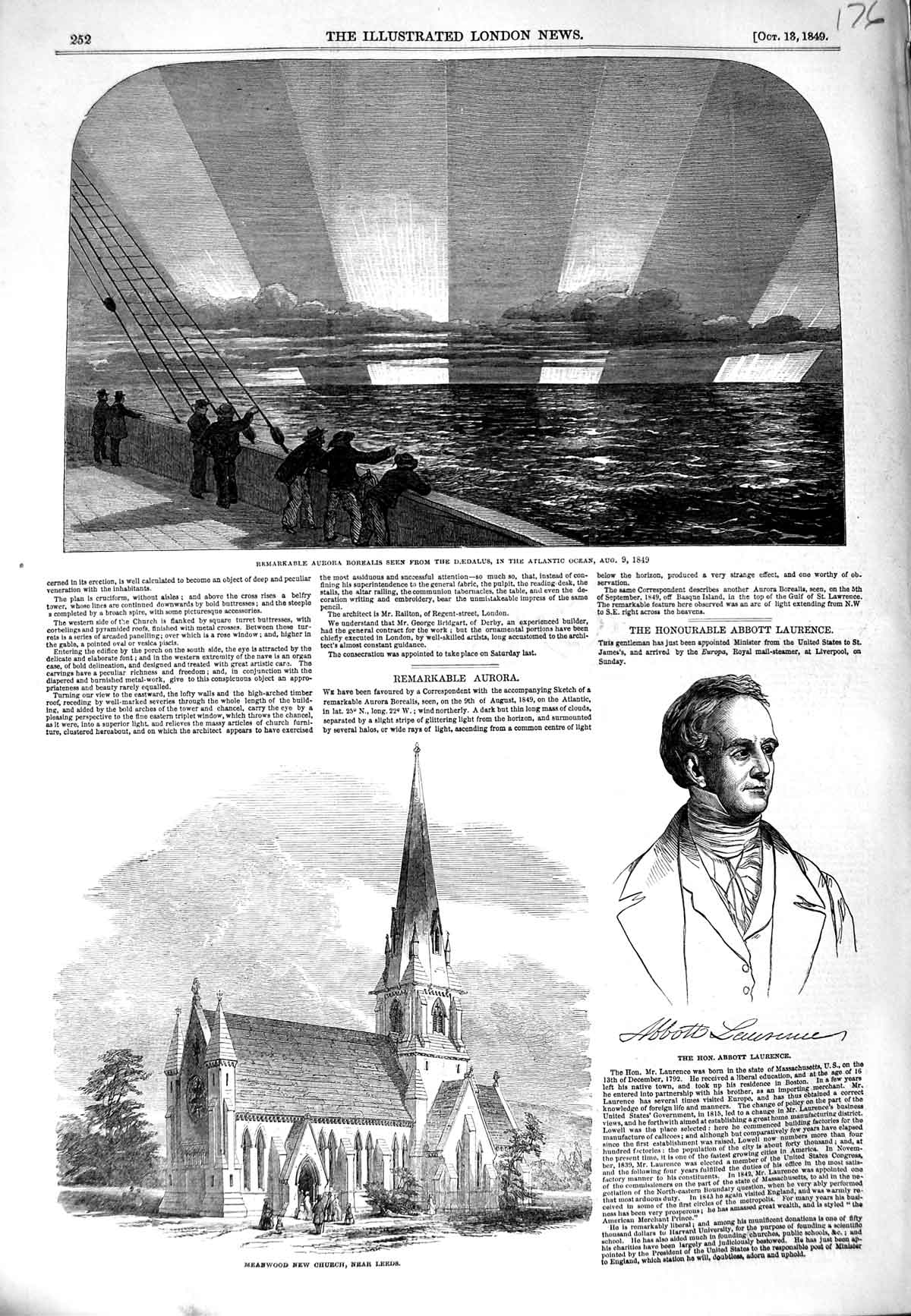 Original Old Antique Print 1849 Aurora Borealis Daedalus Church Abbot Laurence