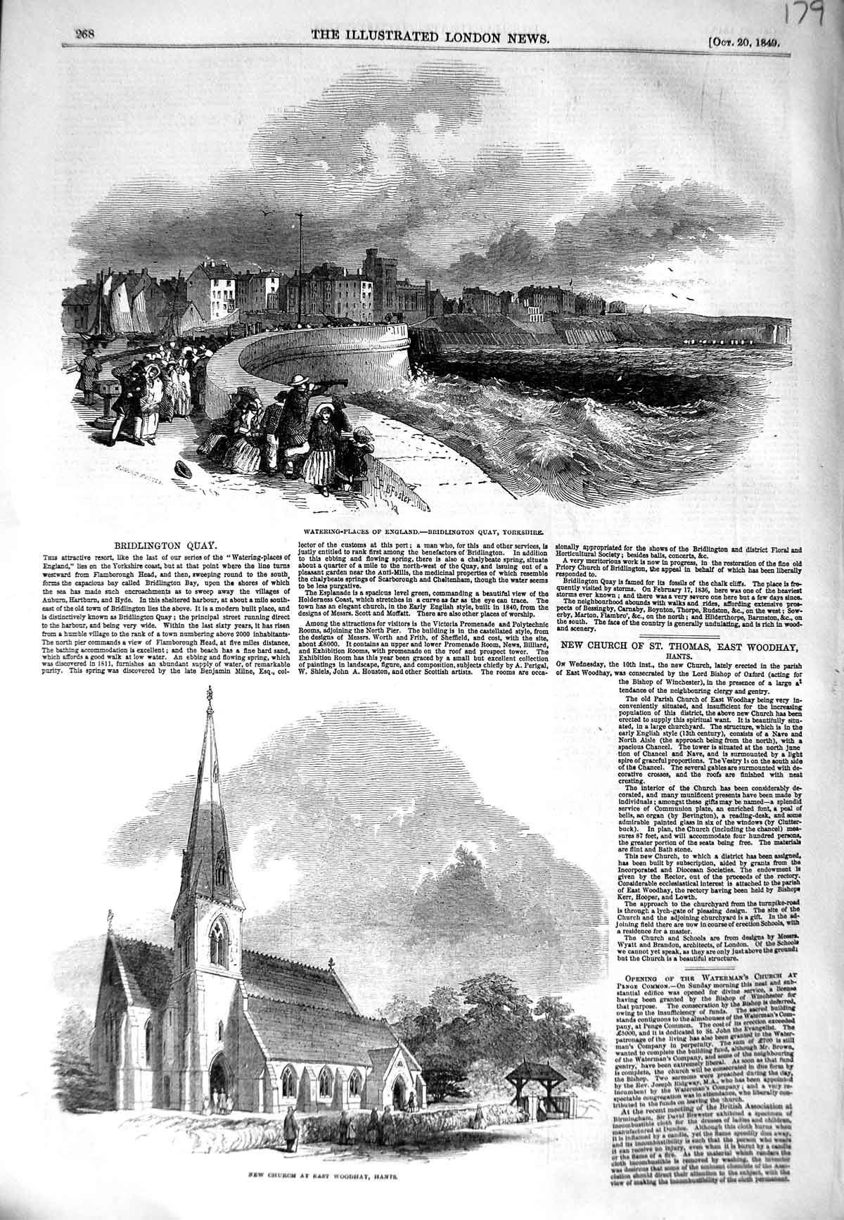 Original Old Antique Print 1849 Bridlington Quay England Church Woodhay Hants