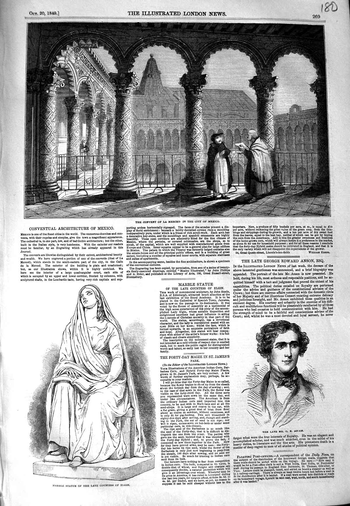 Old Antique Print 1849 Convent Merced Mexico Statue Countess Elgin Anson 19th