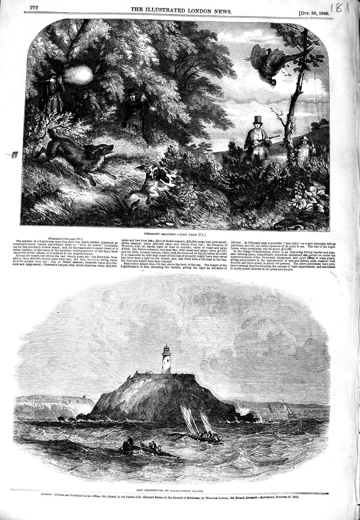 Original Old Antique Print 1849 Pheasant Shooting Lighthouse Rallycotton Island