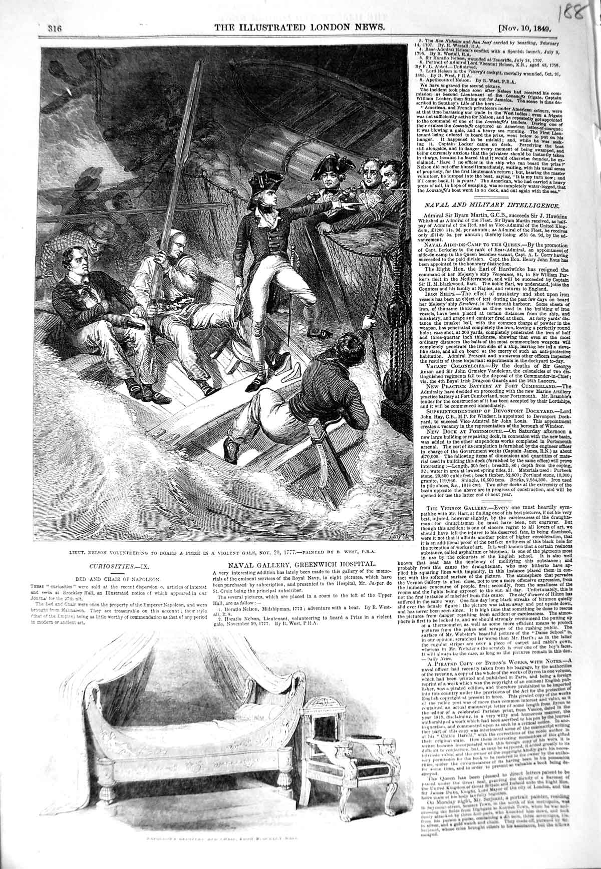 Original Old Antique Print 1849 Napleon Bedstead Brockley Hall Nelson Ship War