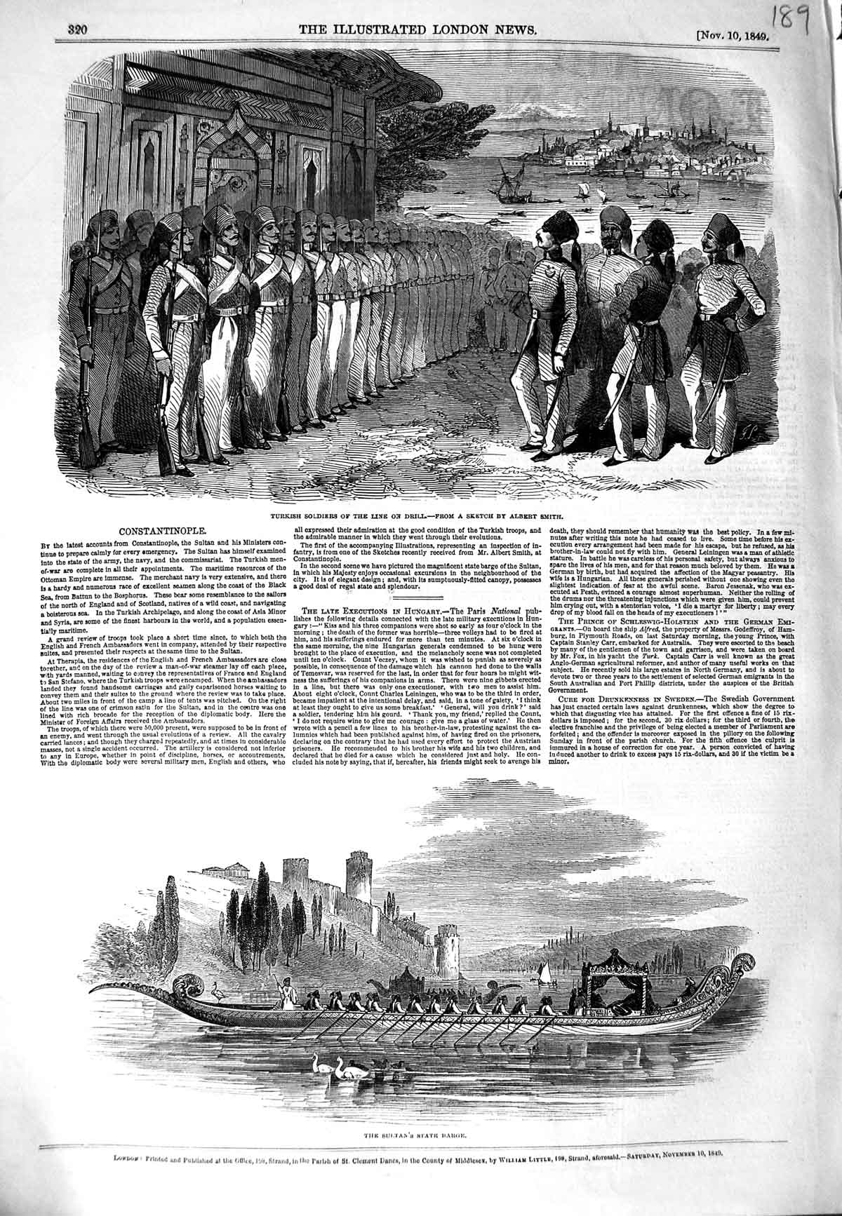 Original Old Antique Print 1849 Turkish Siers Constantinople Sultan State Barge