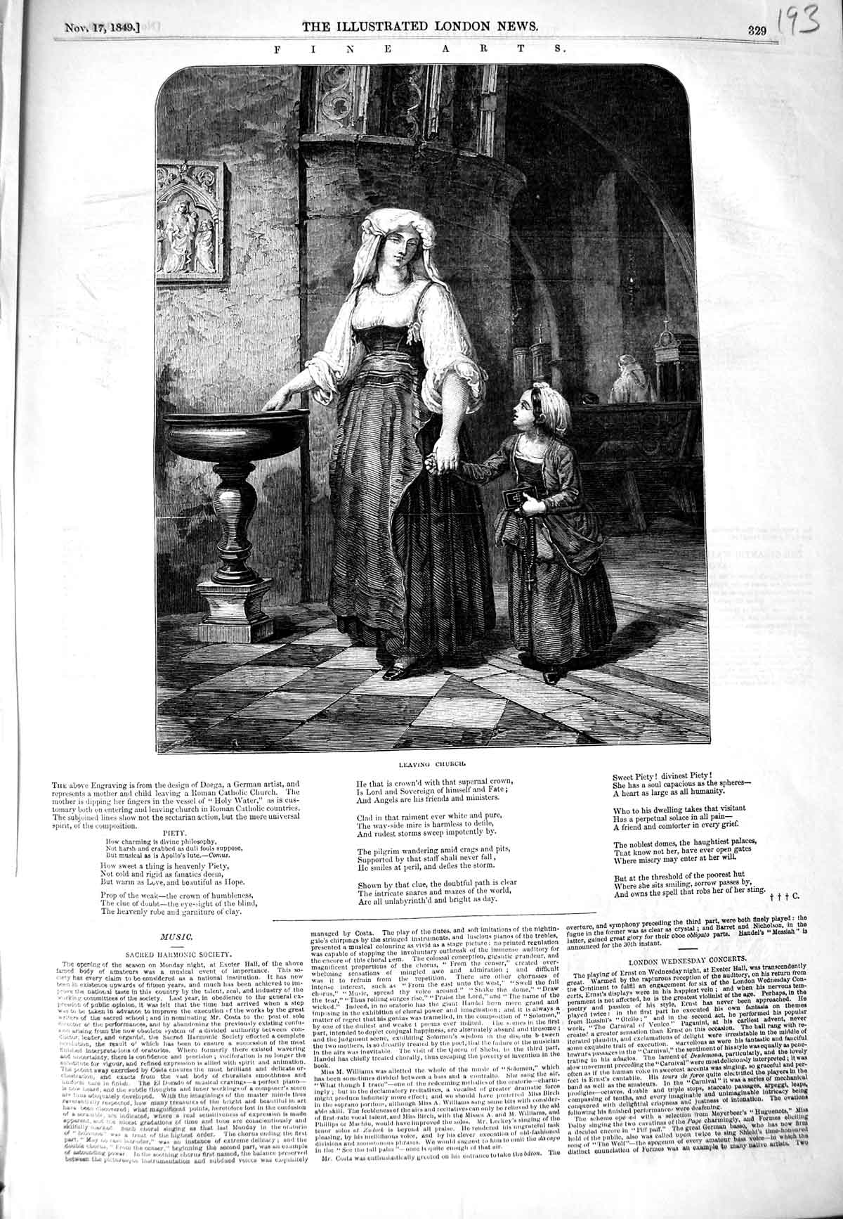 Original Old Antique Print 1849 Fine Art Mother Little Girl Leaving Church 19th