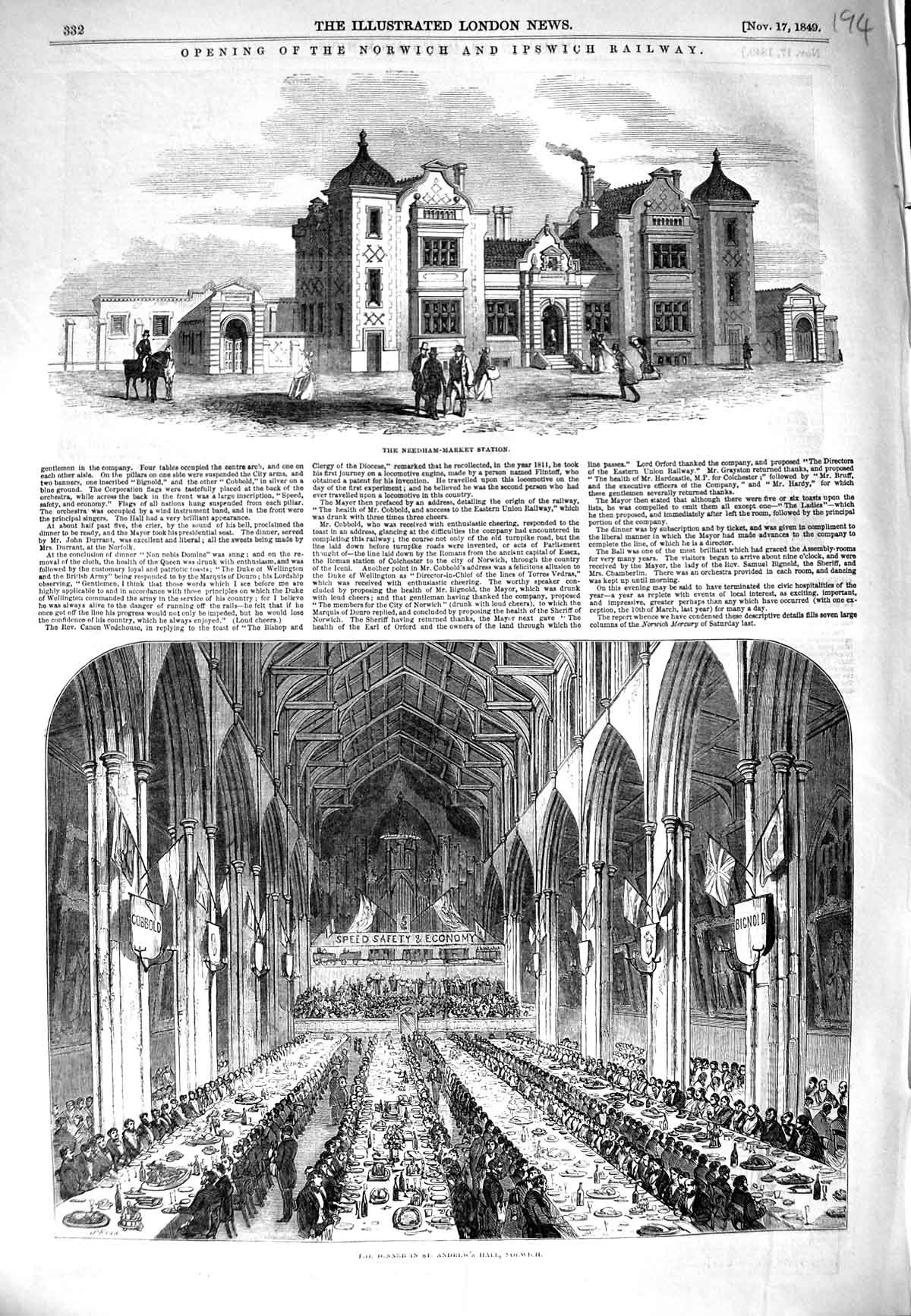 Original Old Antique Print 1849 Needham-Market Station Ipswich Railway Andrew'S