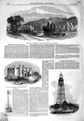 Old Antique Print 1849 Cliefden House Maidenhead Hever Castle Lighthouse 19th
