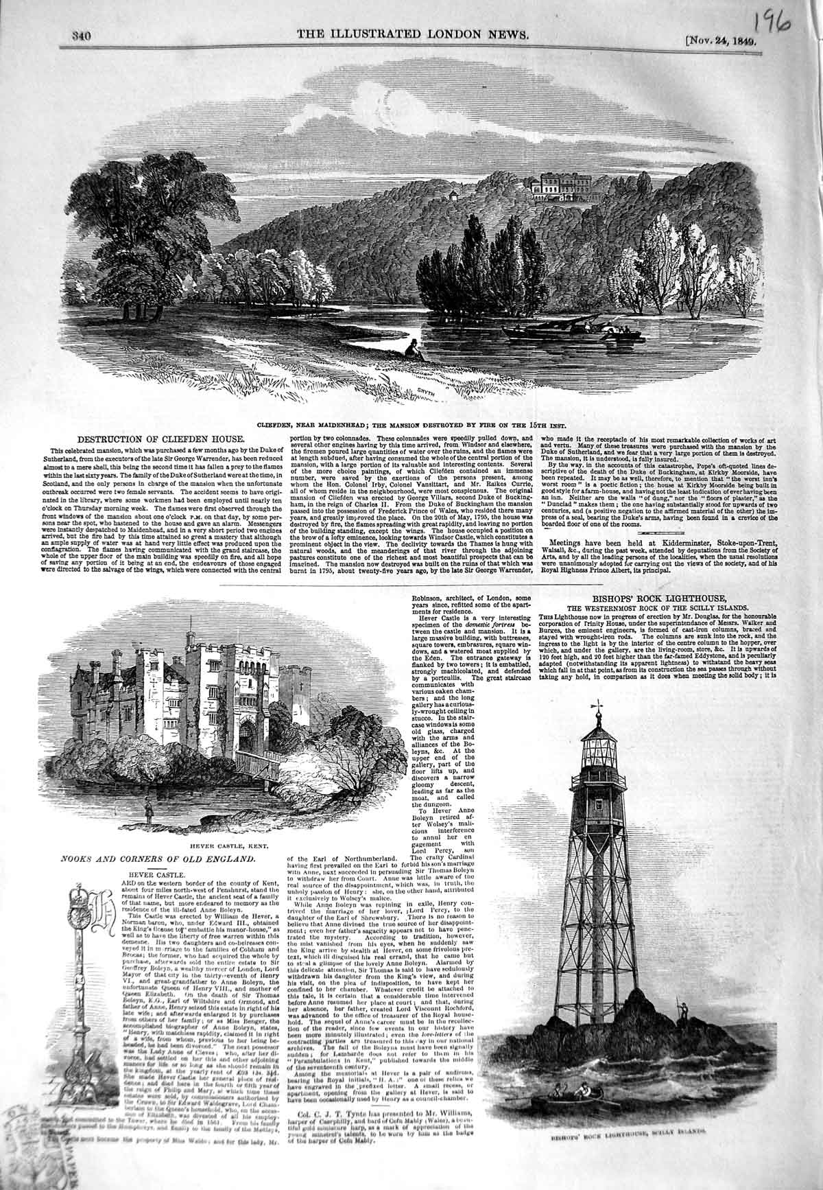 Old Antique Print 1849 Cliefden House Maidenhead Hever Castle Lighthouse 19th