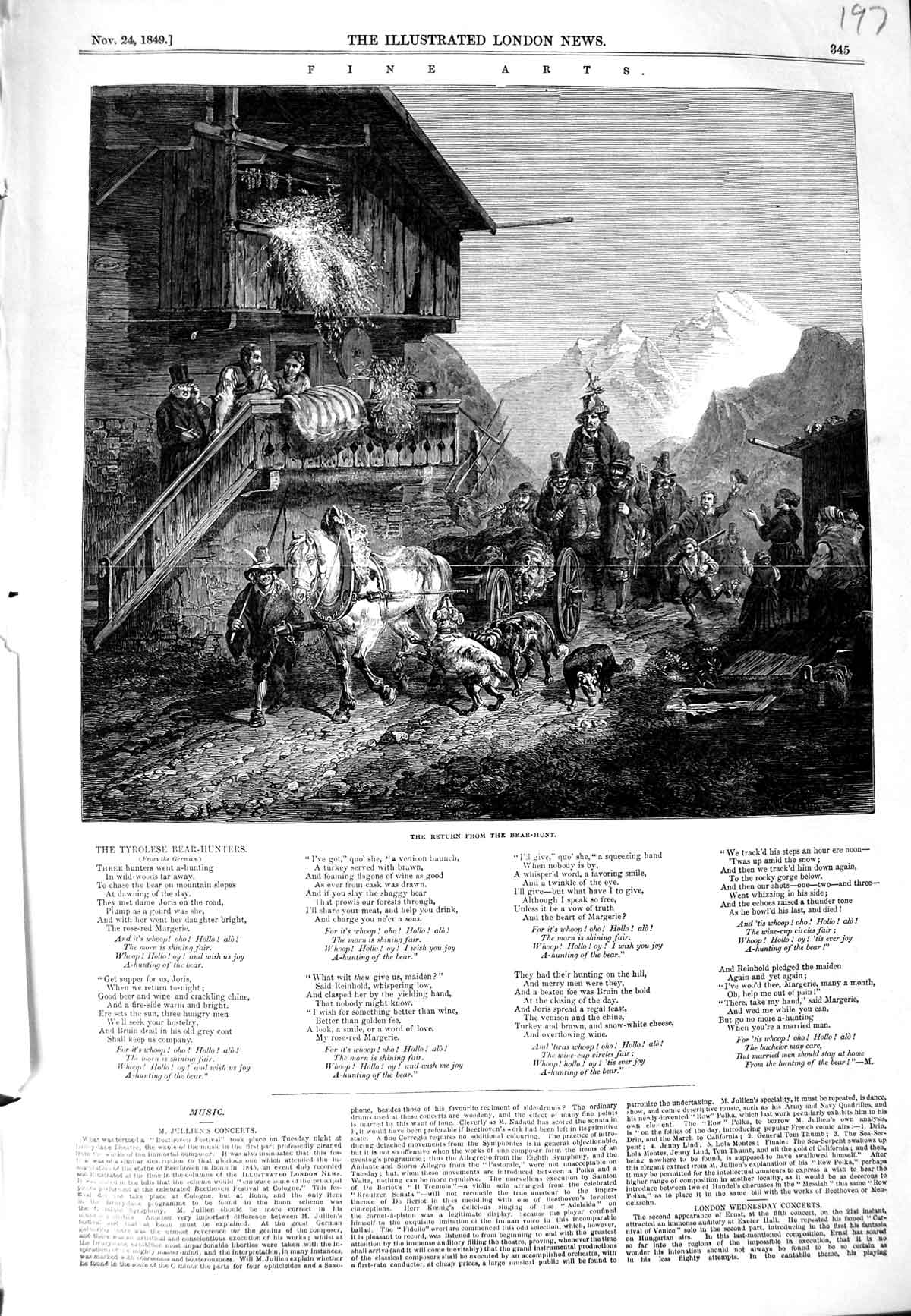 Original Old Antique Print 1849 Fine Art Return Tyrolese Bear Hunters Dogs 19th
