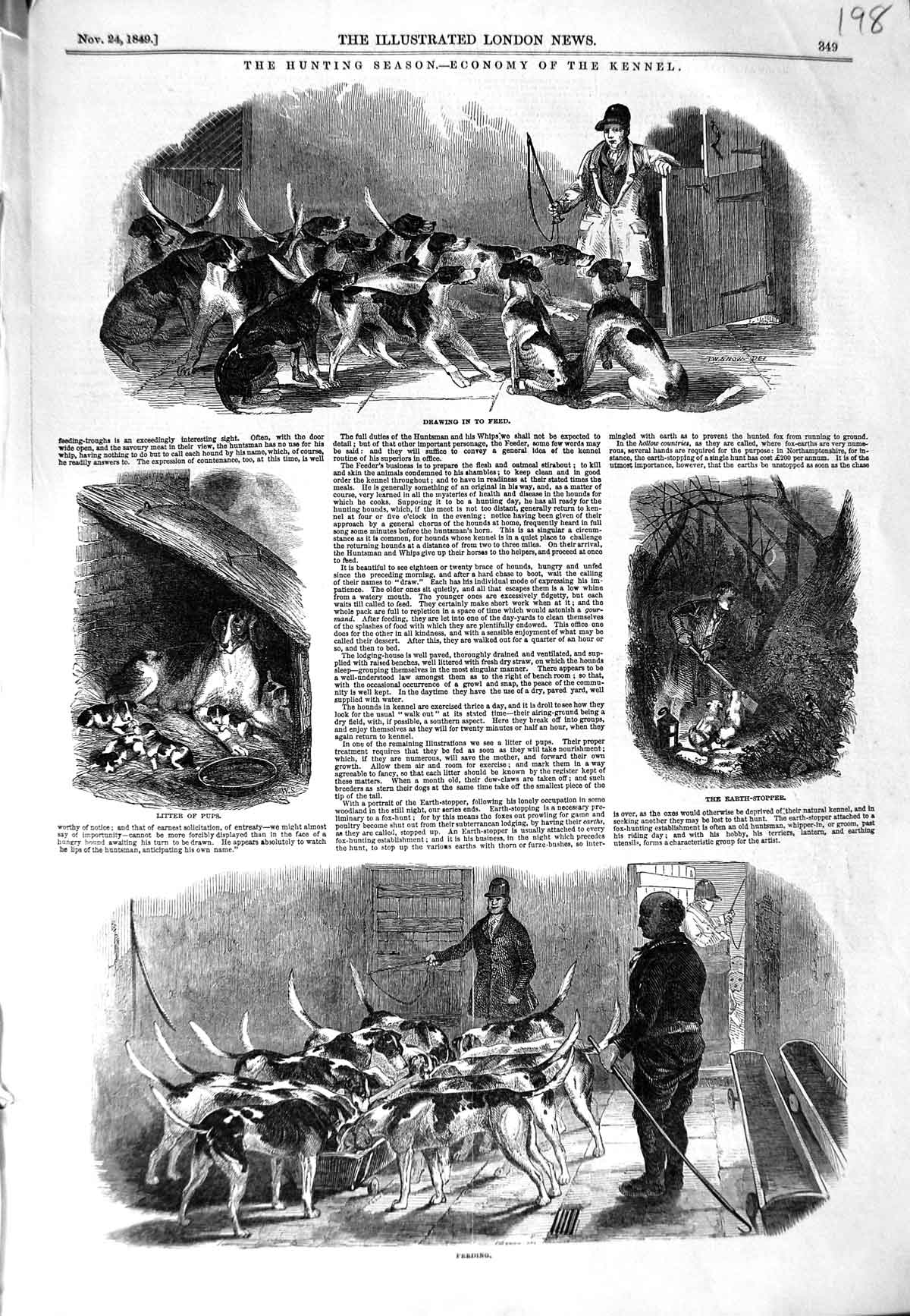 Original Old Antique Print 1849 Hunting Season Kennel Dogs Hounds Pups Sport