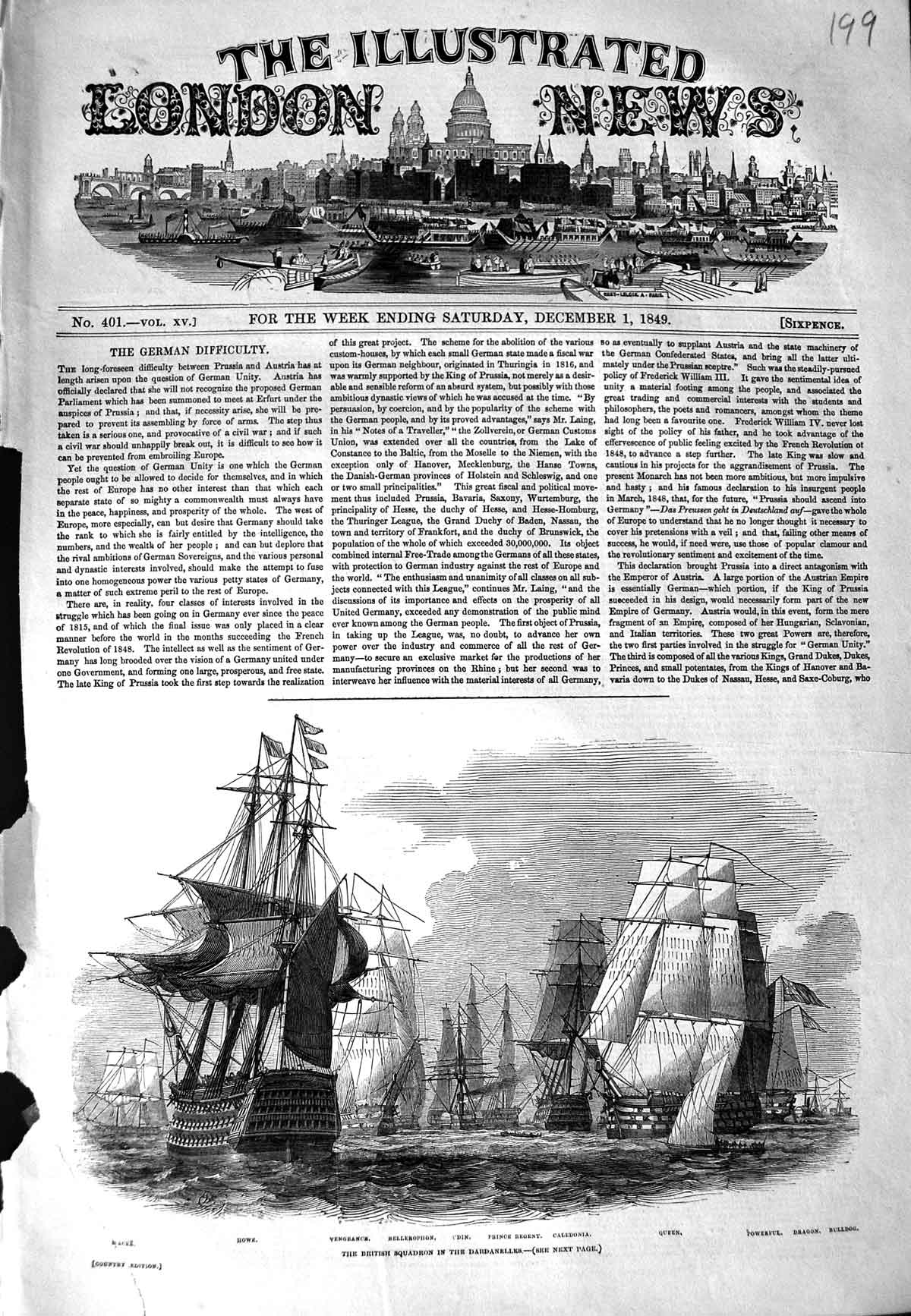 Original Old Antique Print 1849 British Ships Dardanelles Howe Vengeance Queen