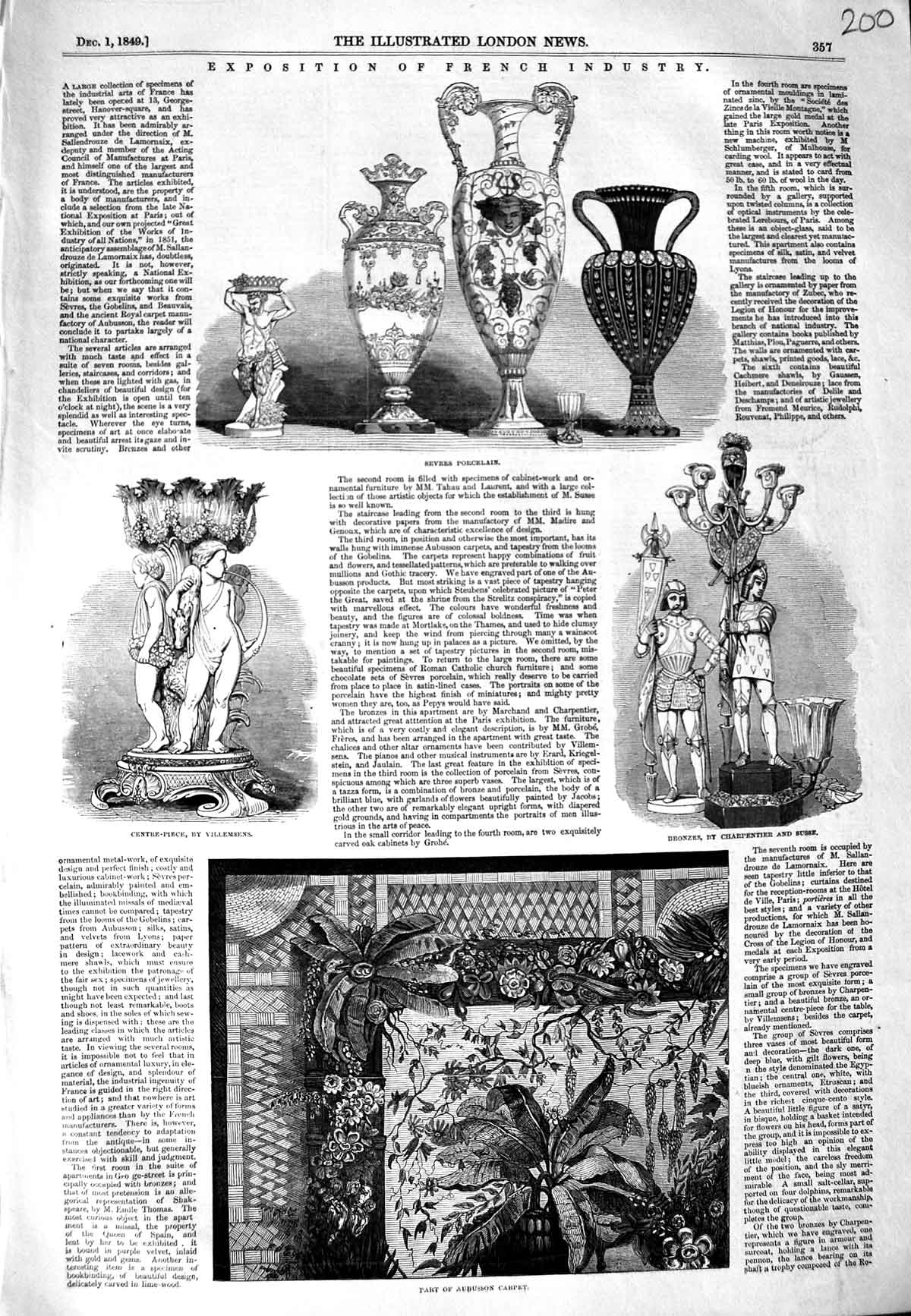 Old Antique Print 1849 French Industry Porcelain Aubusson Carpet Bronze 19th