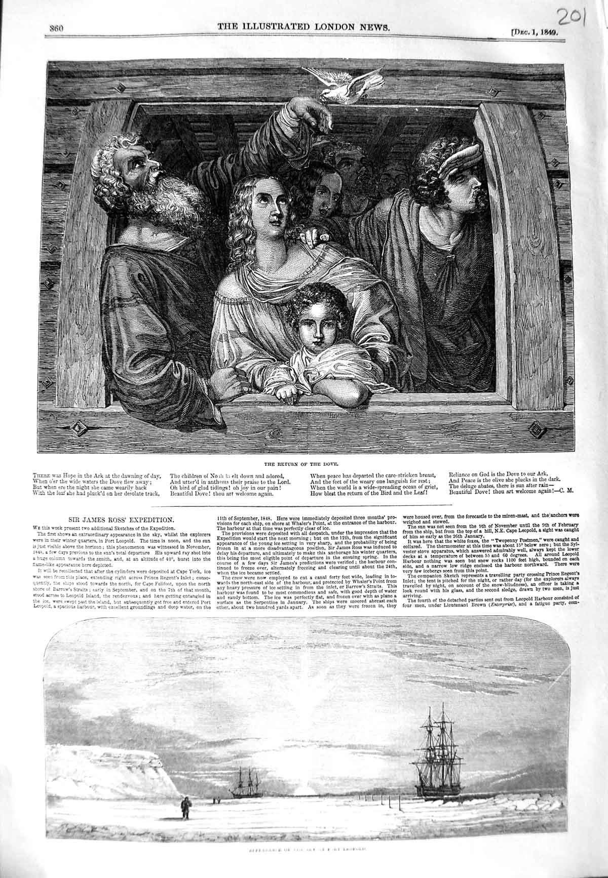 Original Old Antique Print 1849 James Ross Expedition Port LeopNoah Ark Dove