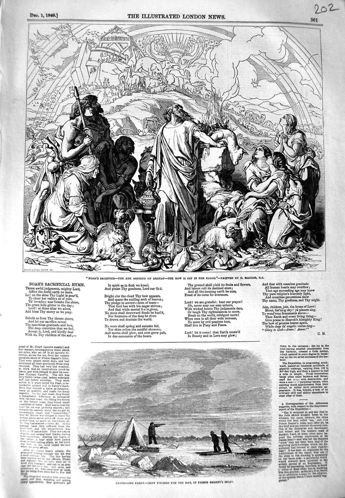 Old Antique Print 1849 Noah Ark Religion Prince Regent'S Inlet Camp Tent 19th