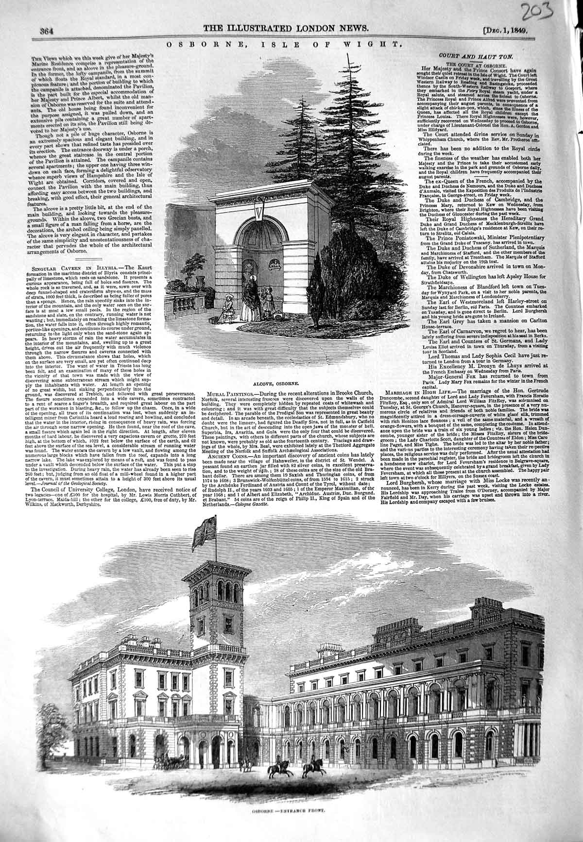 Original Old Antique Print 1849 Osborne House Isle Wight Alcove Architecture