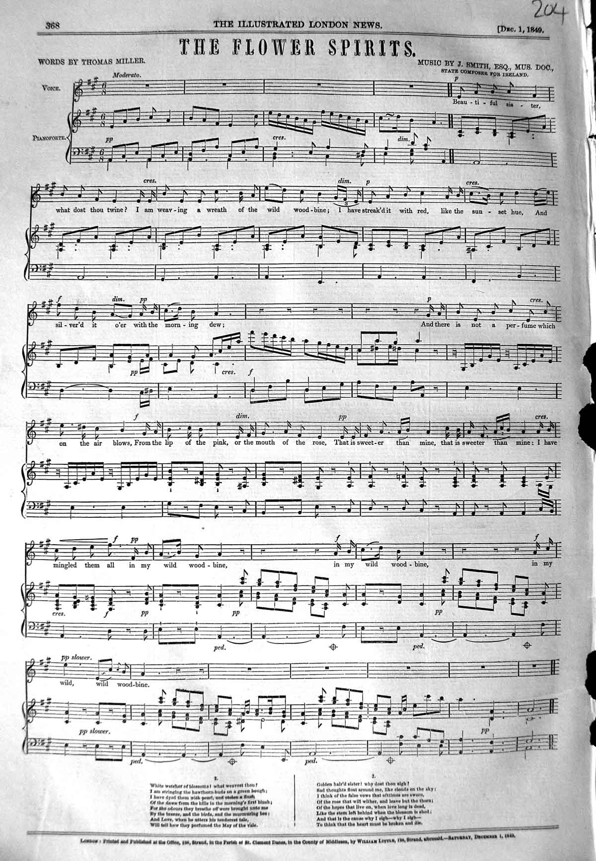 Old Antique Print 1849 Sheet Music The Flower Spirits Thomas Miller Smith 19th