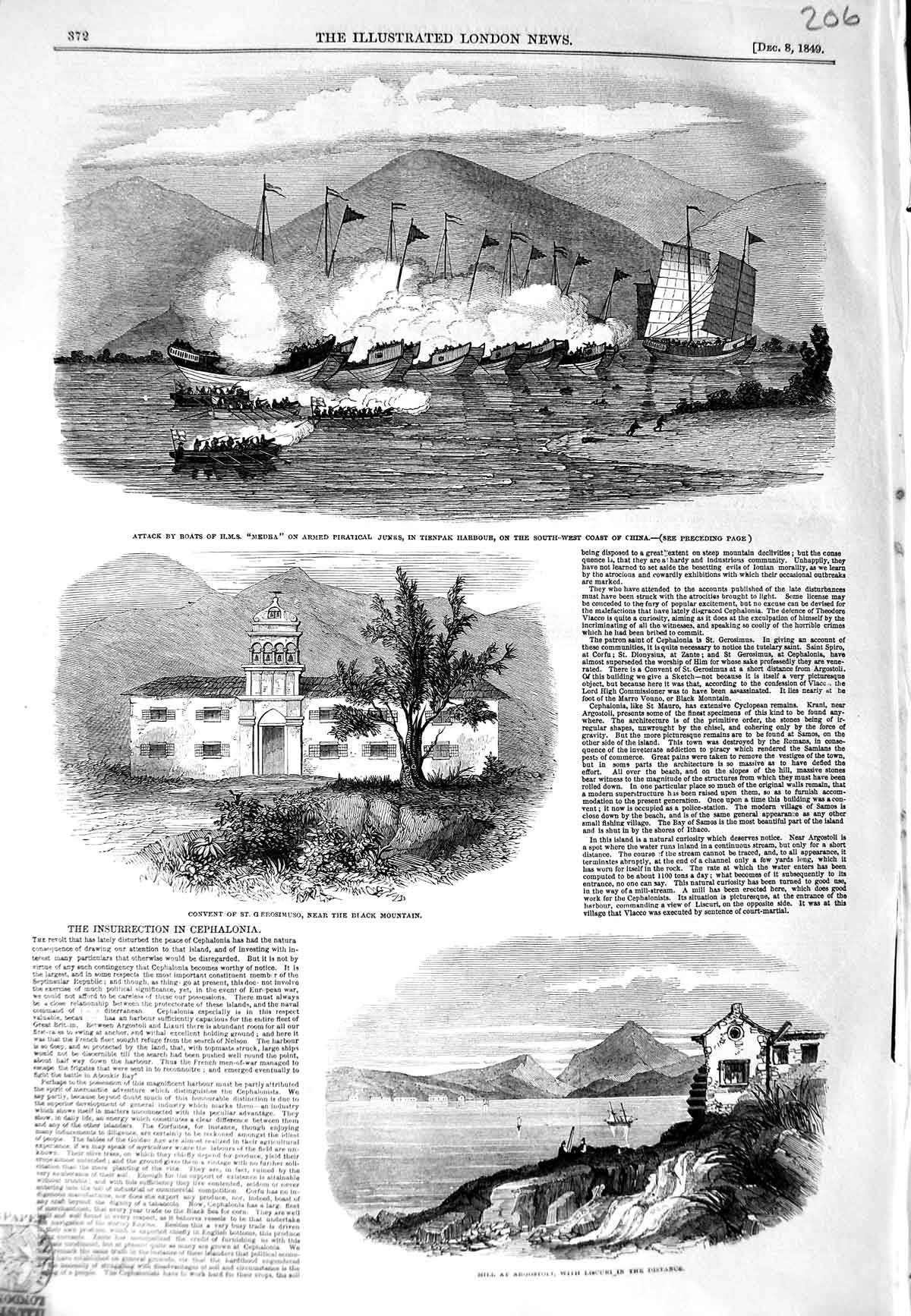Original Old Antique Print 1849 War Ships Medea Tienpal China Convent Erosimuso