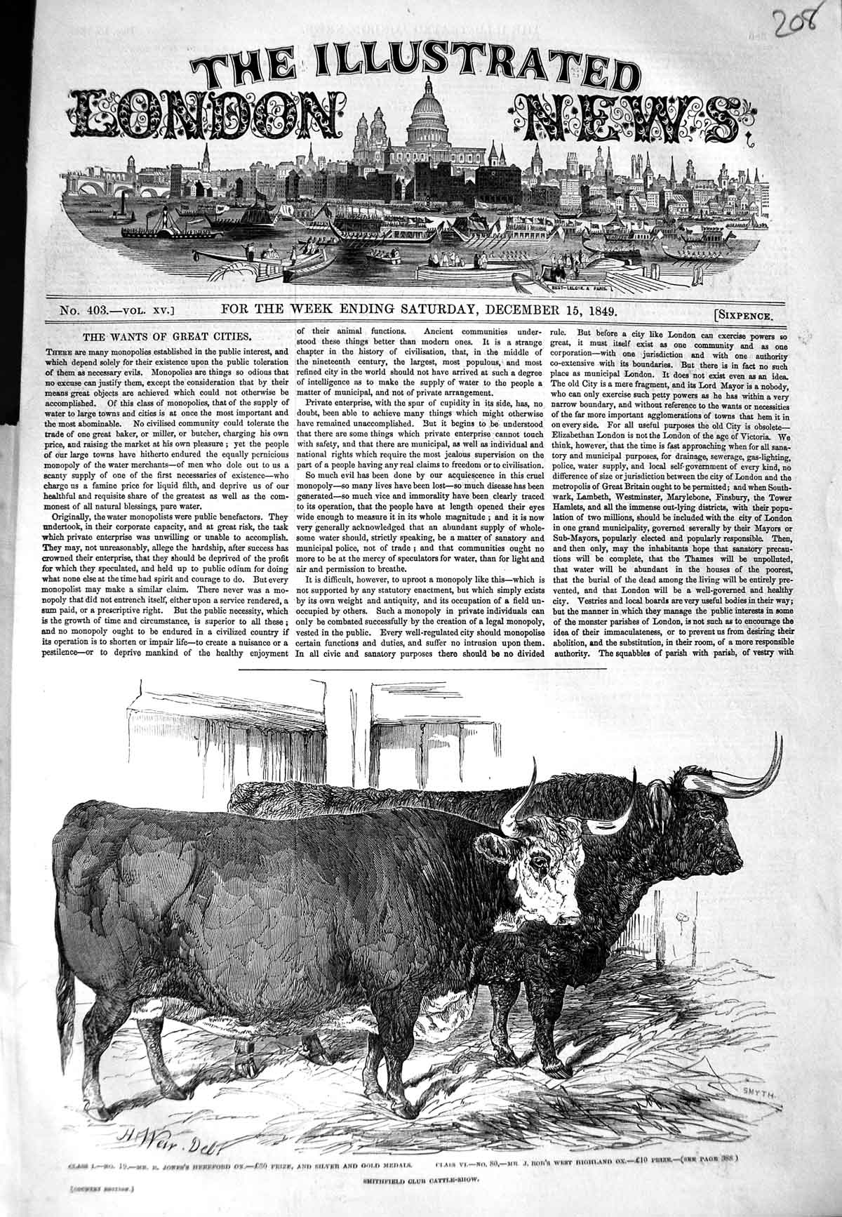 Old Antique Print 1849 Smithfield Club Cattle Show Hereford Ox Highland 19th