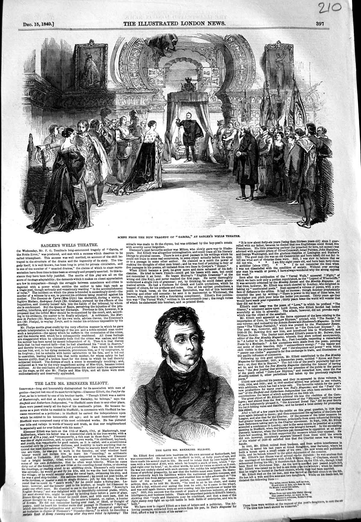 Original Old Antique Print 1849 Garcia Salder'S Wells Theatre Ebenezer Elliot