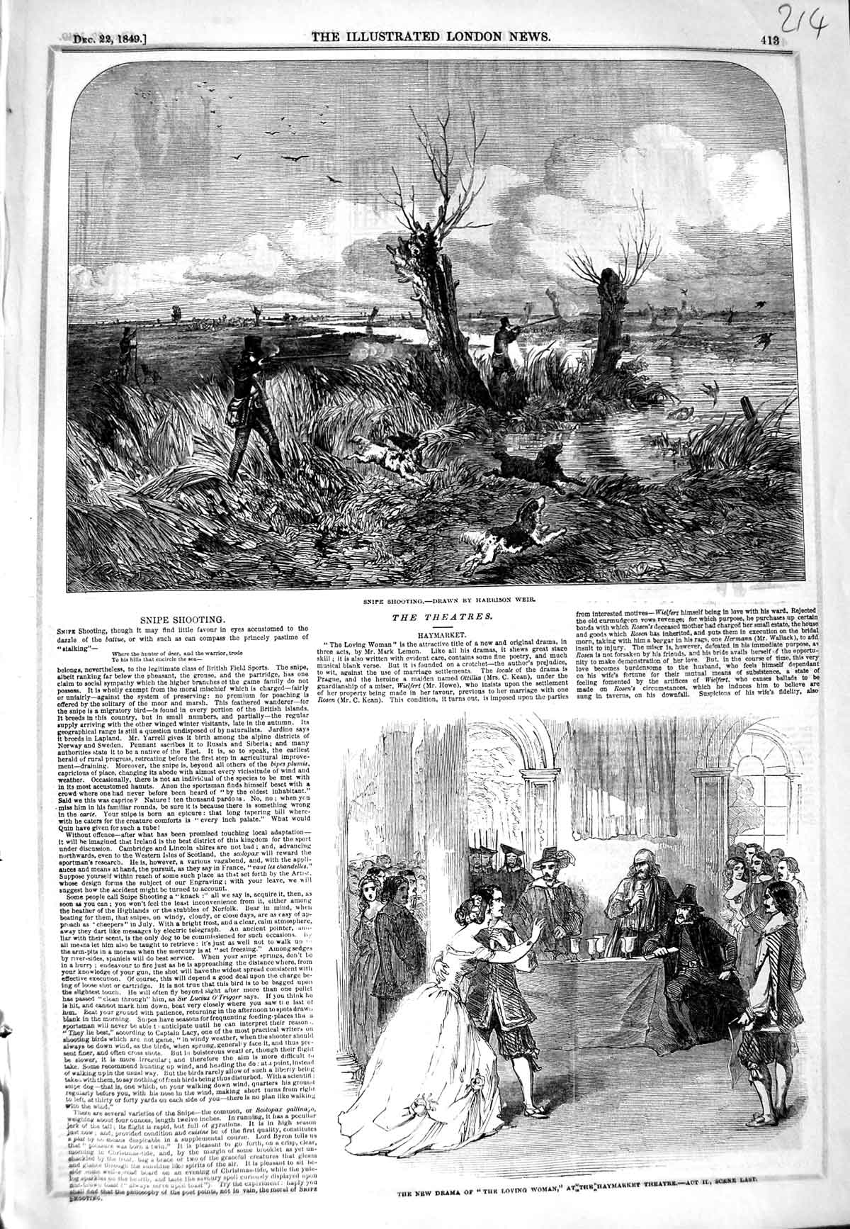 Original Old Antique Print 1849 Snipe Shooting Sport Haymarket Theatre Woman