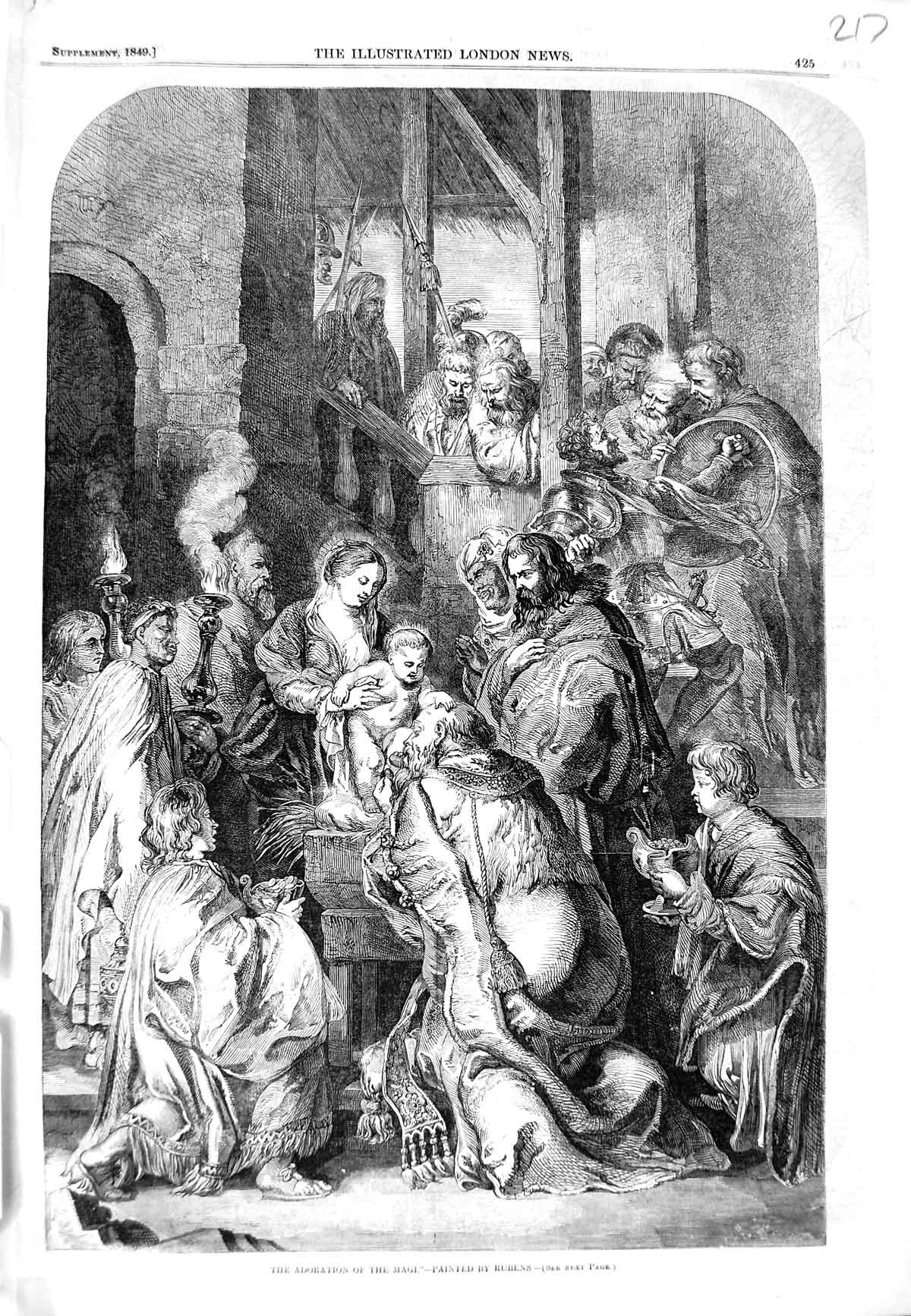 Original Old Antique Print 1849 Rubens Adoration Magi Baby 19th