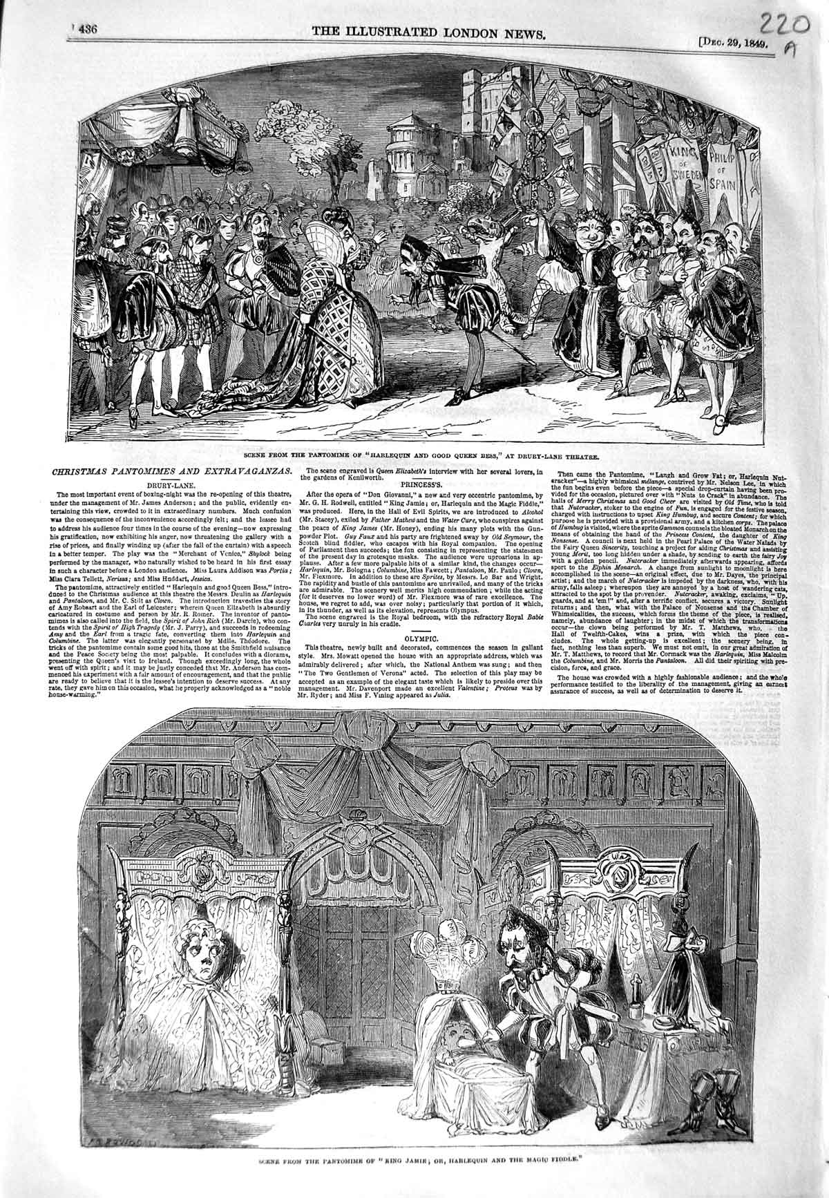 Old Antique Print 1849 Pantomime Christmas Drury Theatre Lyceum Adelphi 19th