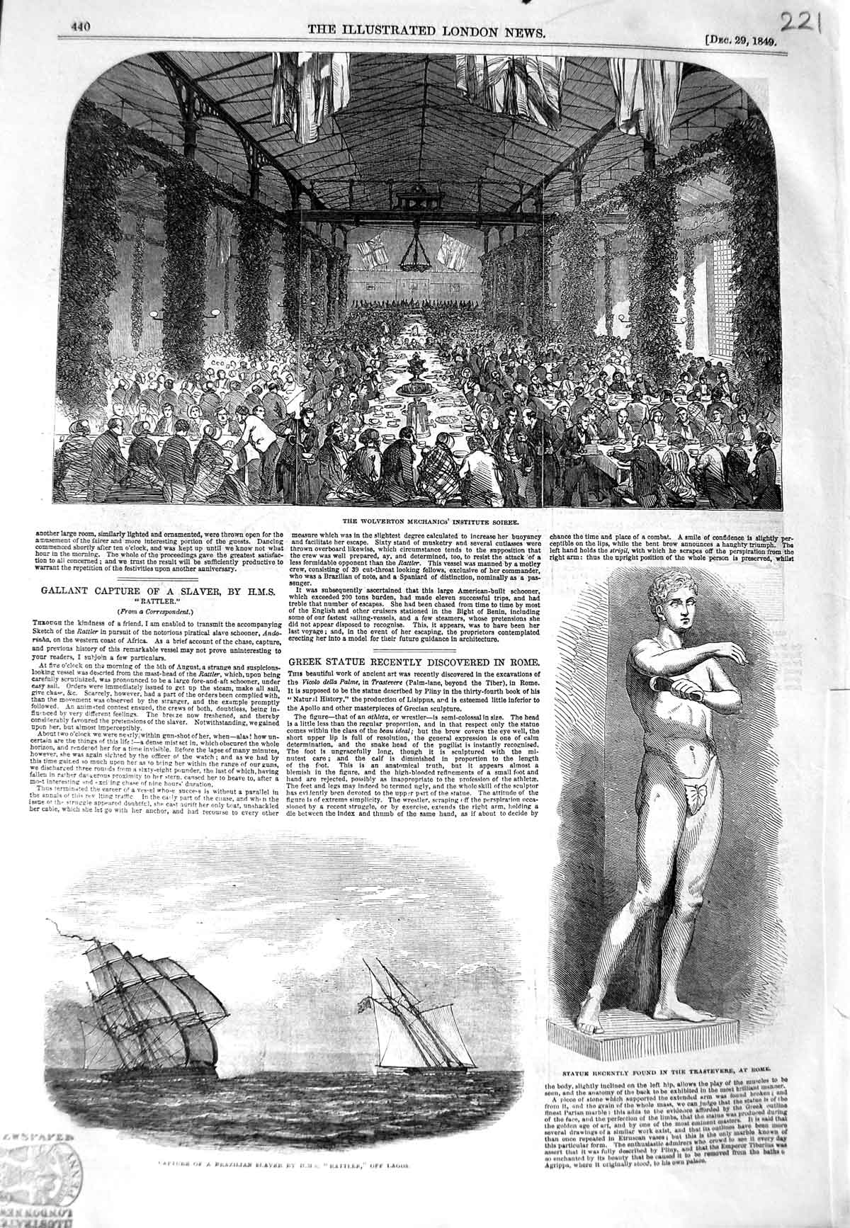Old Antique Print 1849 Wolverton Mechanics Brazilian Slaver Ship Rattler 19th