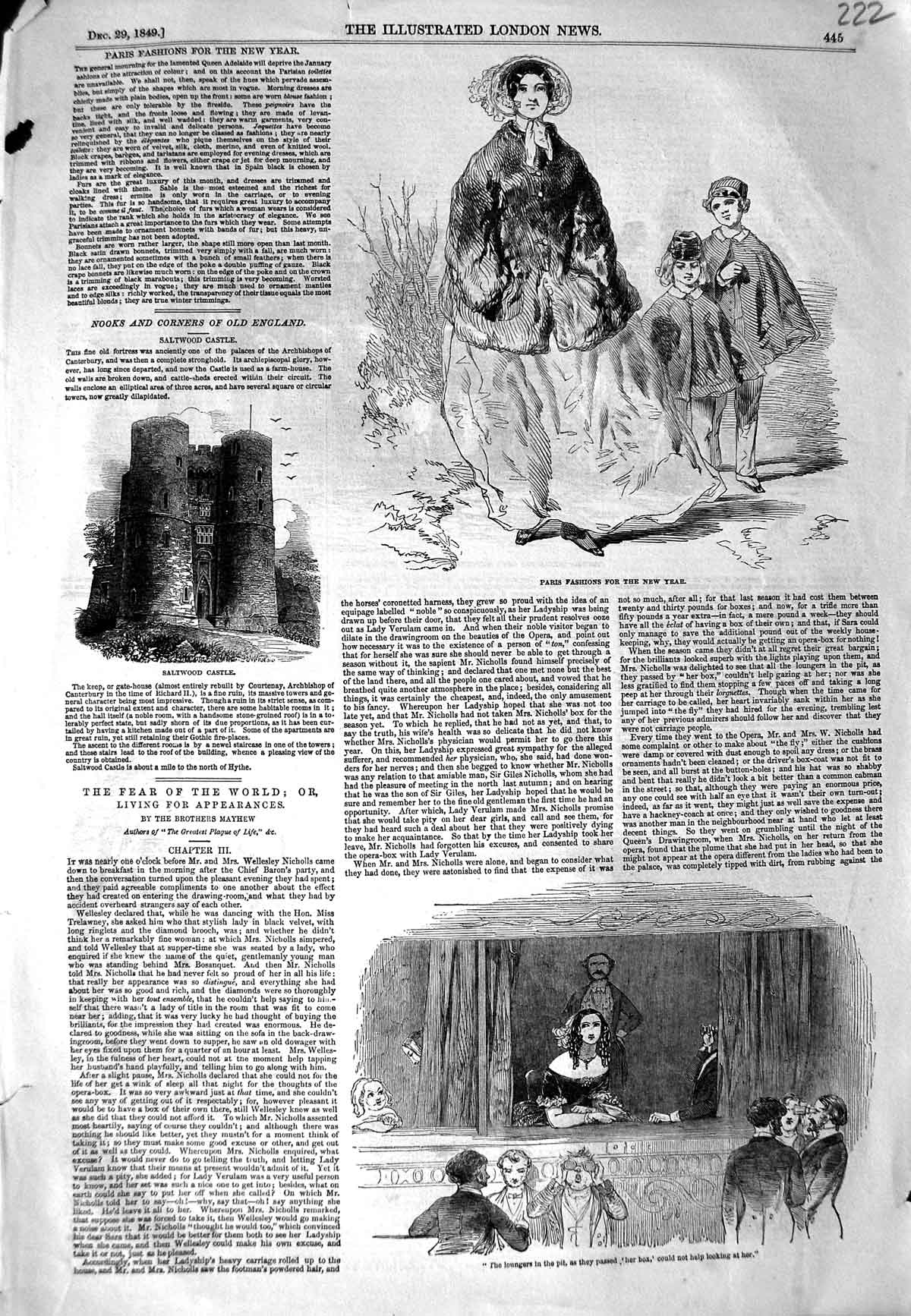 Original Old Antique Print 1849 Paris Fashion New Year Saltwood Castle England