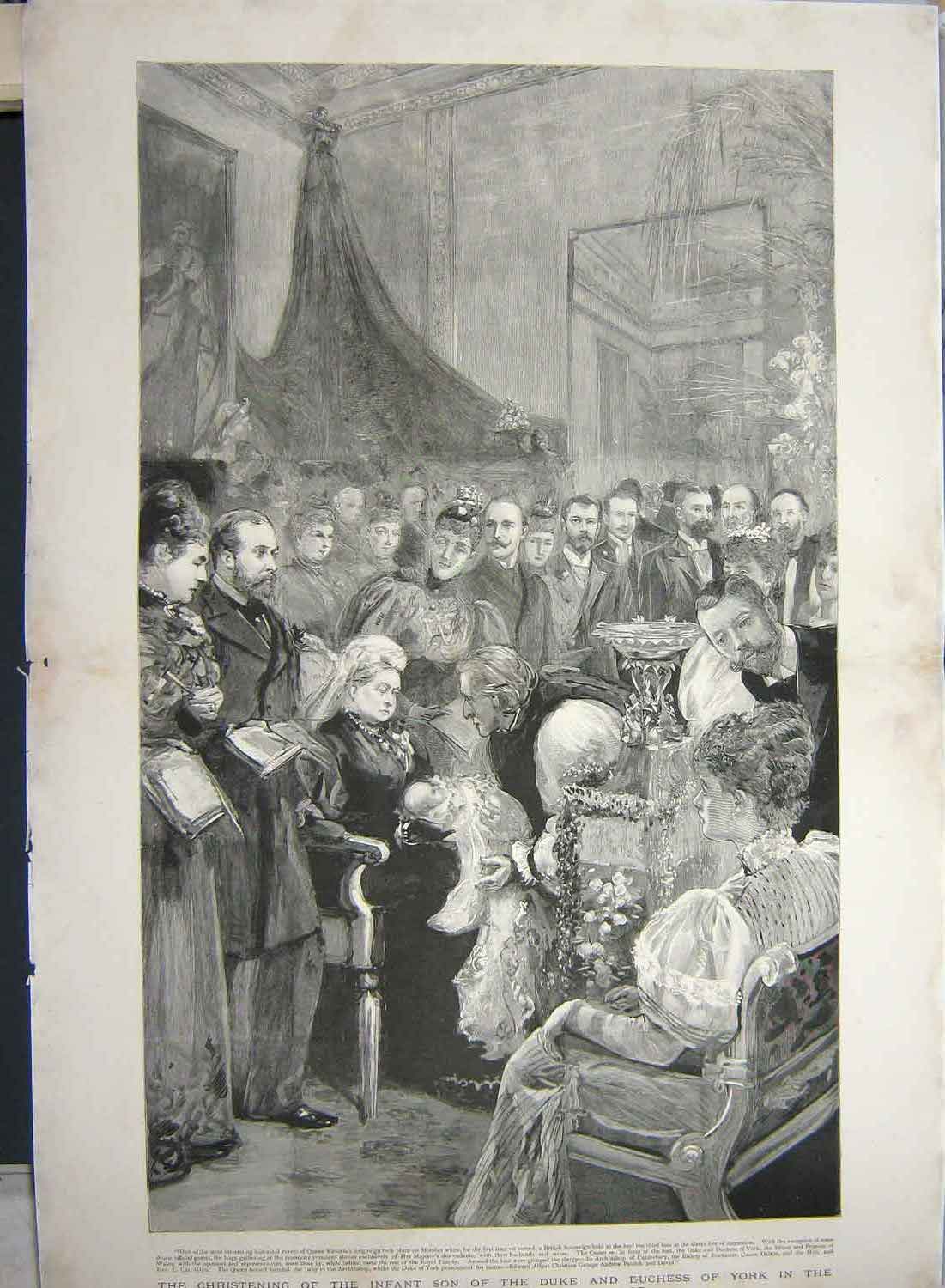 Original Old Antique Print Christening Baby Son Duke Duchess York White Lodge