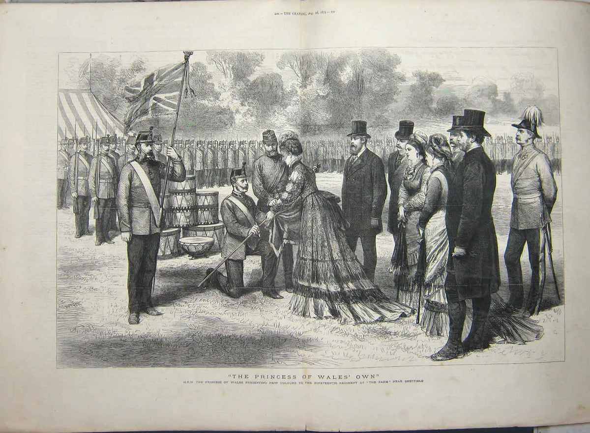 Original Old Antique Print 1875 Princess Wales Colours Siers Sheffield War 19th
