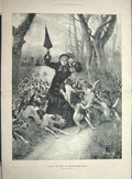Original Old Antique Print 1884 Lady Walking Dog Hunting Hounds Horses Huntsmen