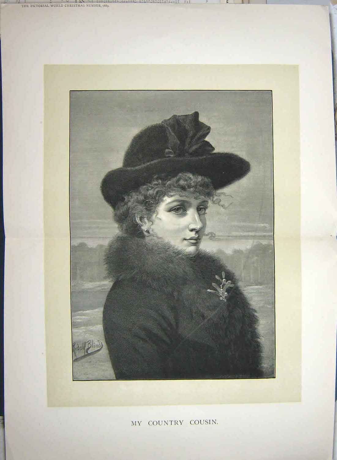 Original Old Antique Print 1889 Portrait Country Cousin Lady Woman Art 19th