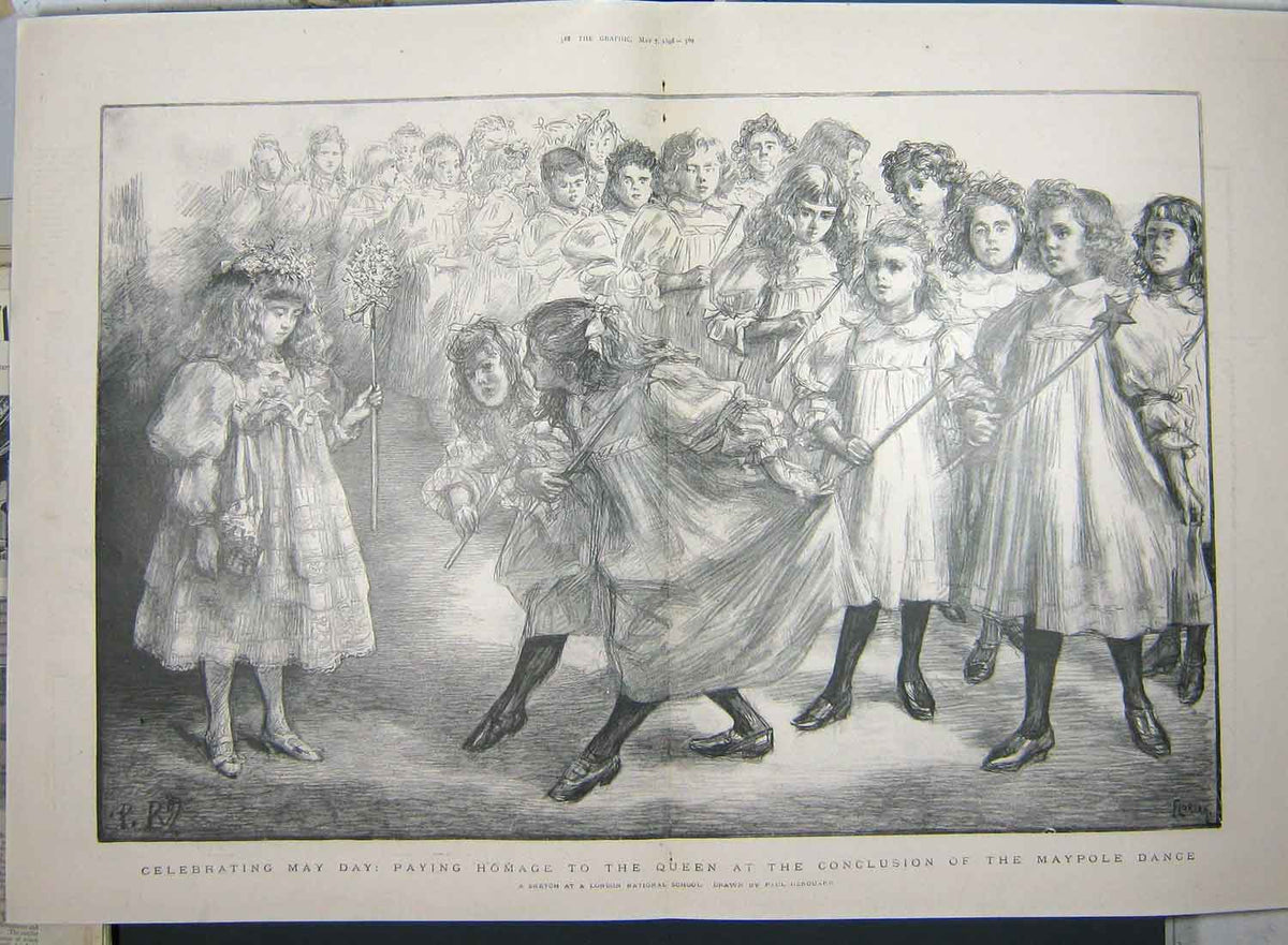 Original Old Antique Print 1898 May Day Queen Maypole Dancing Paul Renouard