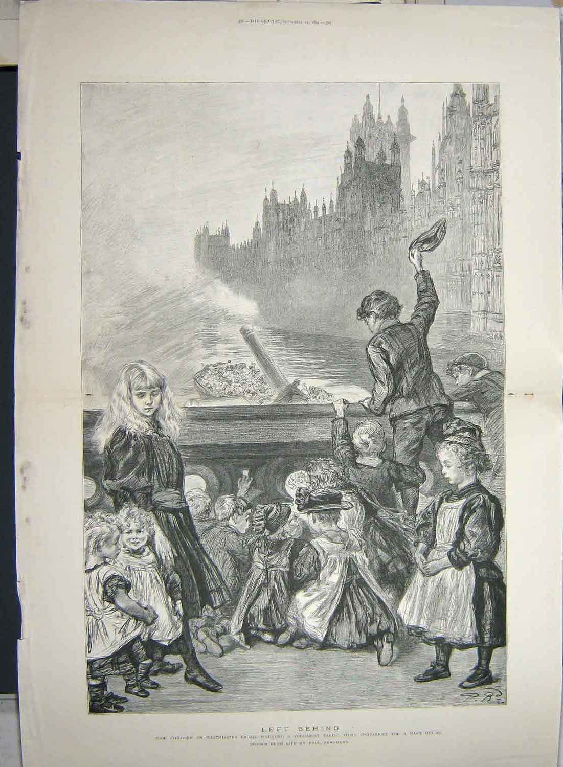 Old Antique Print 1894 Poor Children Westminster Bridge Steam-Boat London 19th