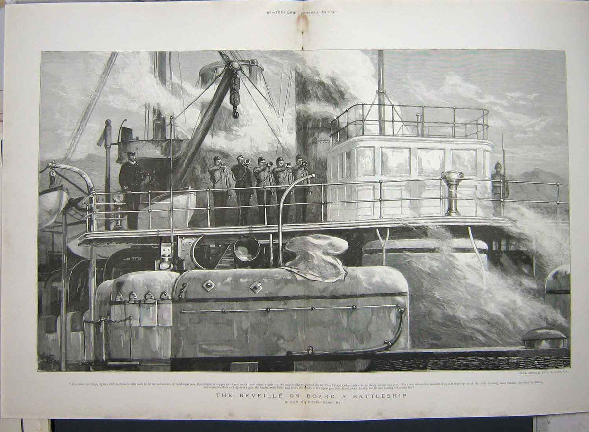 Original Old Antique Print 1894 Reveille Battle Ship War Siers Fore Bridge 19th