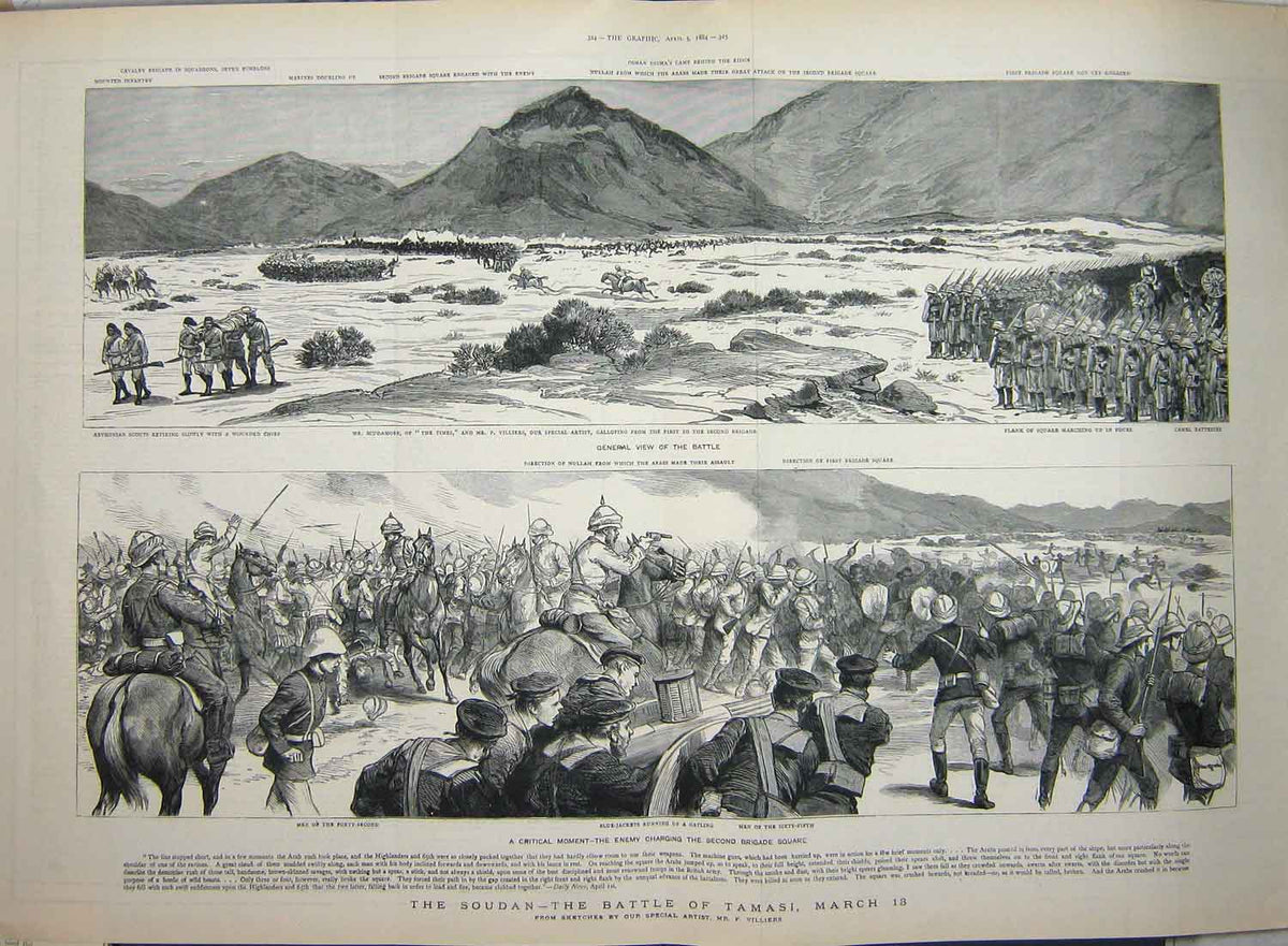 Original Old Antique Print 1884 War Soudan Battle Tamasi Siers Digma Nullah