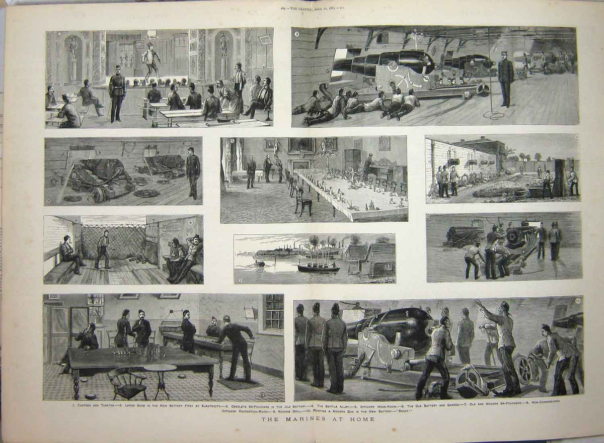 Old Antique Print 1883 Marines War Theatre Weapons Skittle Canteen Navy 19th