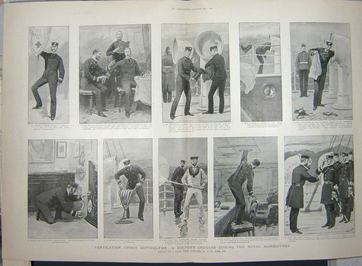Old Antique Print 1895 Doctor War Ship Naval Manoeuvres Midshipmen Navy 19th